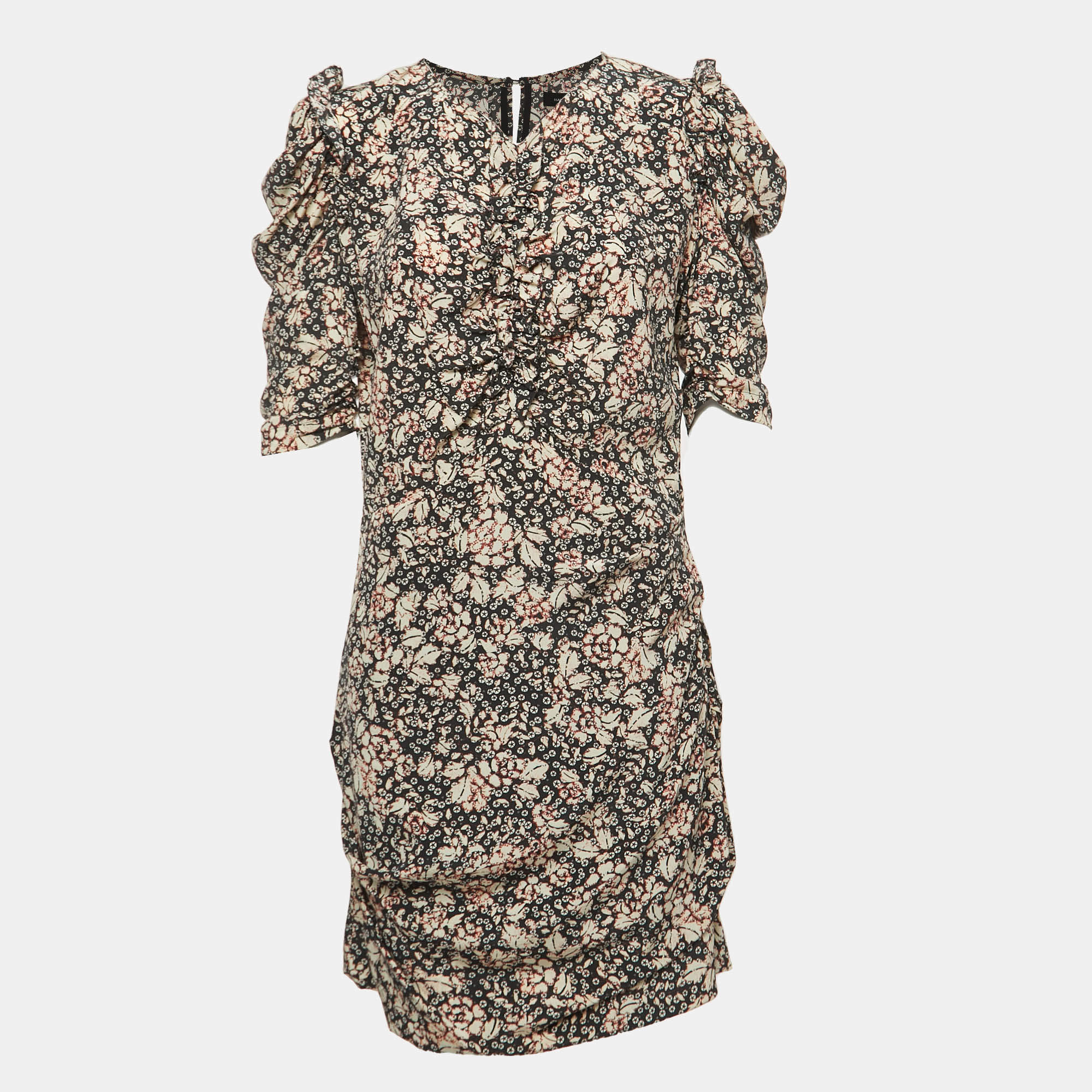 Pre Owned Isabel Marant Black Print Silk Ruched Mini Dress L