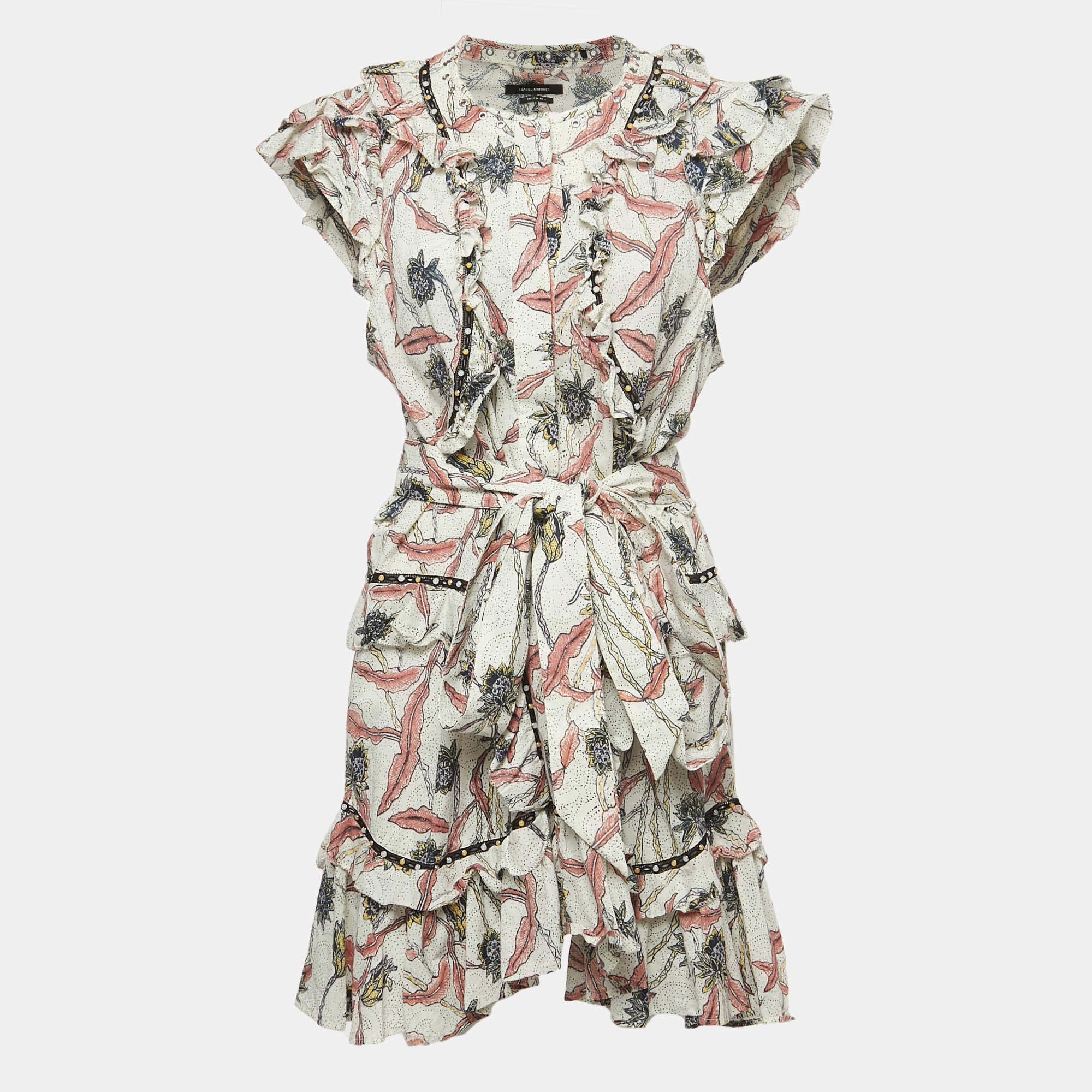 Isabel Marant Multicolor Print Studded Cotton Ruffle Belted Mini Dress L
