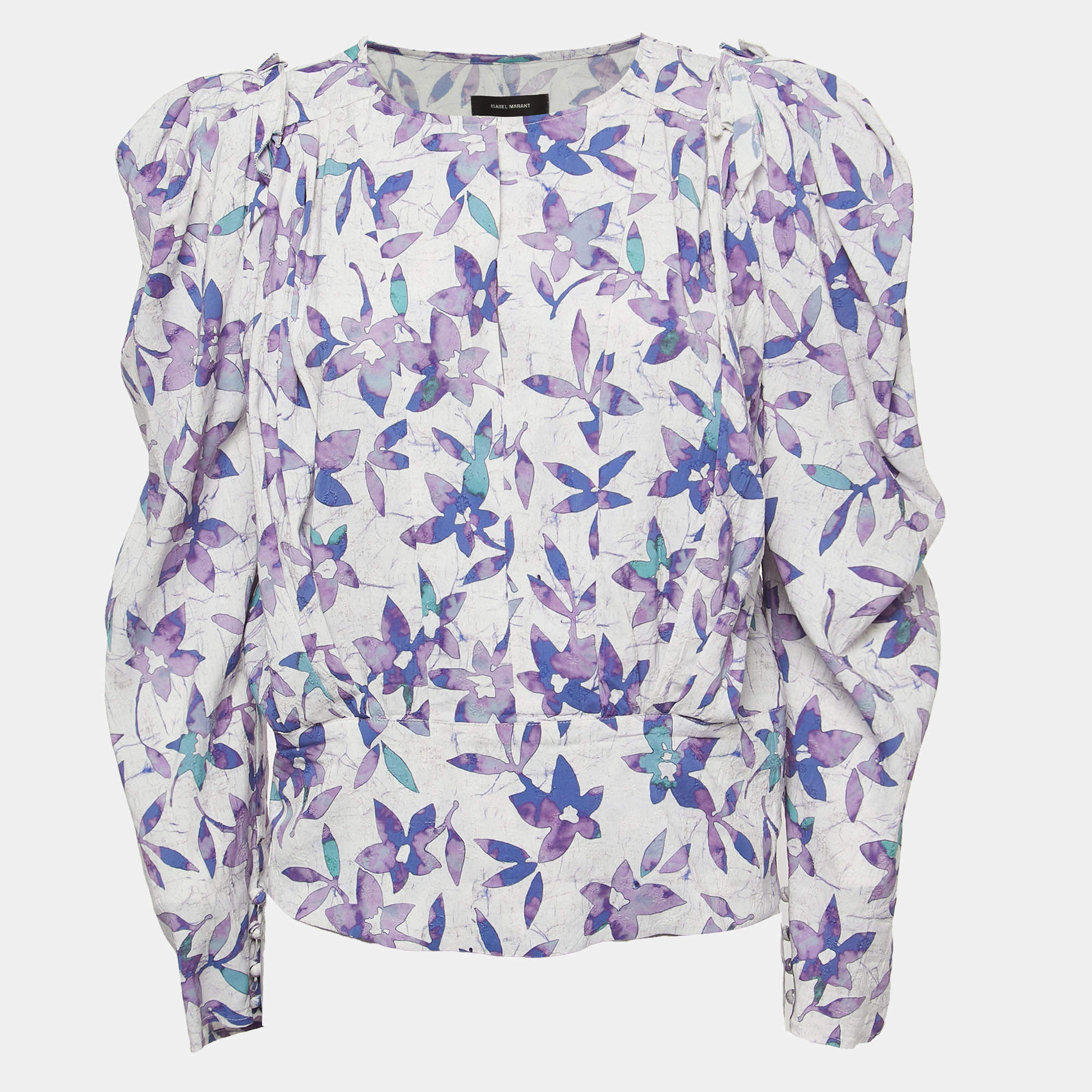 Isabel Marant Blue Floral Print Silk Blend Pleated Long Sleeve Blouse M