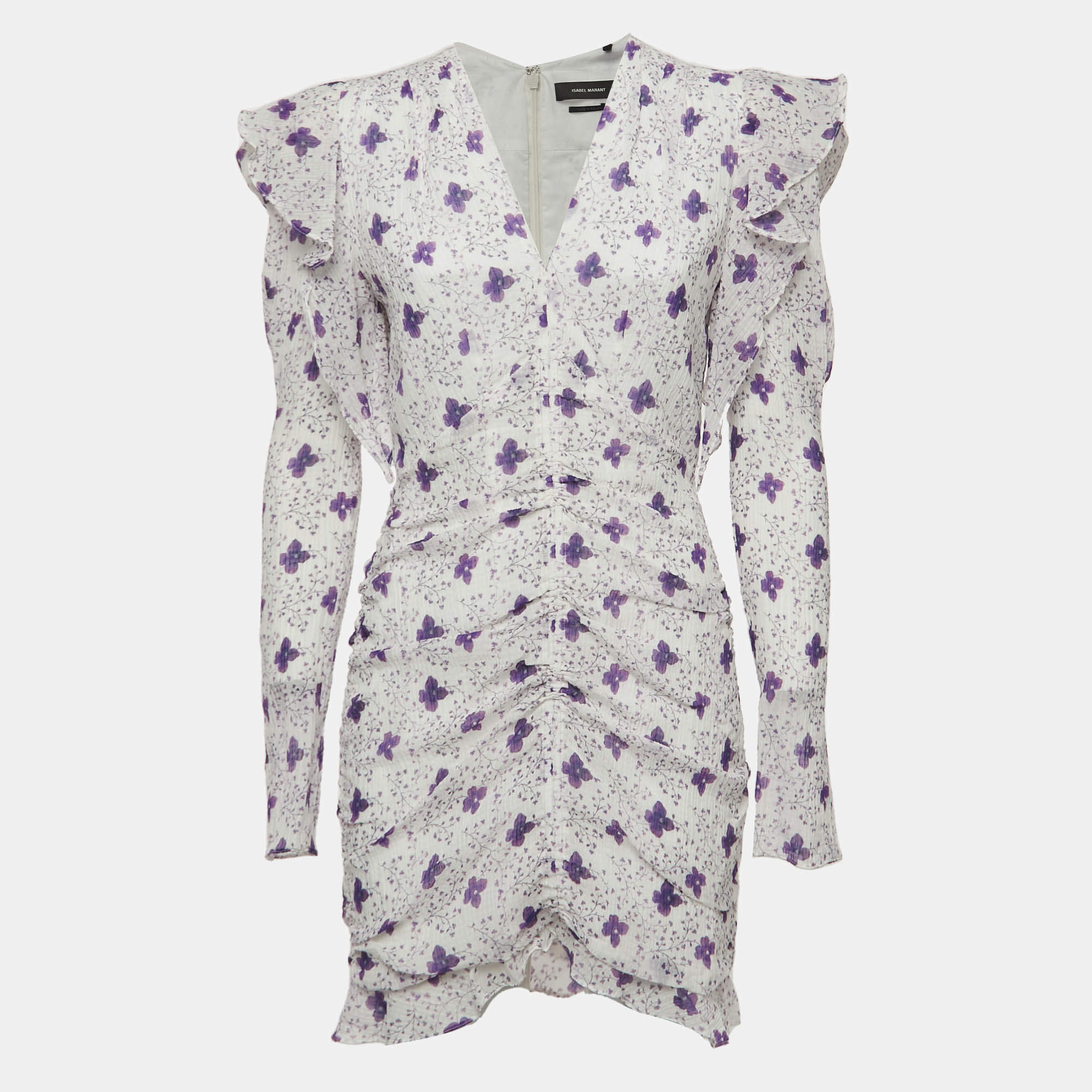 Isabel Marant White Floral Print Silk Blend Ruch Detailed Etya Mini Dress M