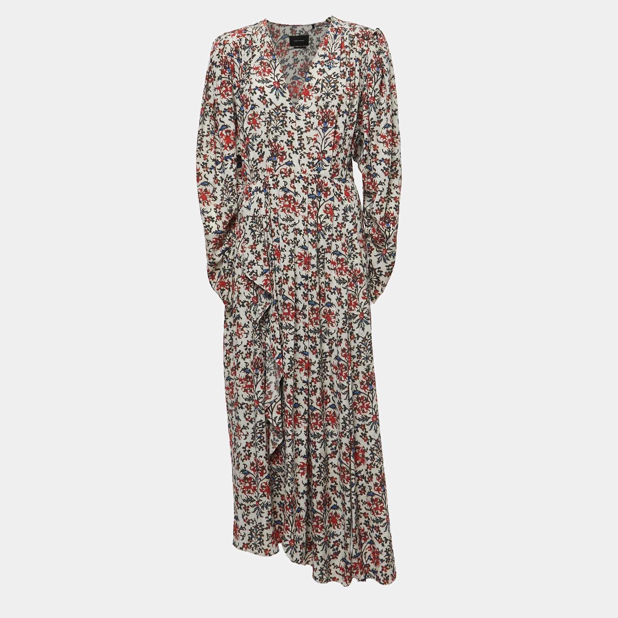 Pre Owned Isabel Marant Multicolor Floral Print Stretch Silk Ruched Sleeve Midi Dress S