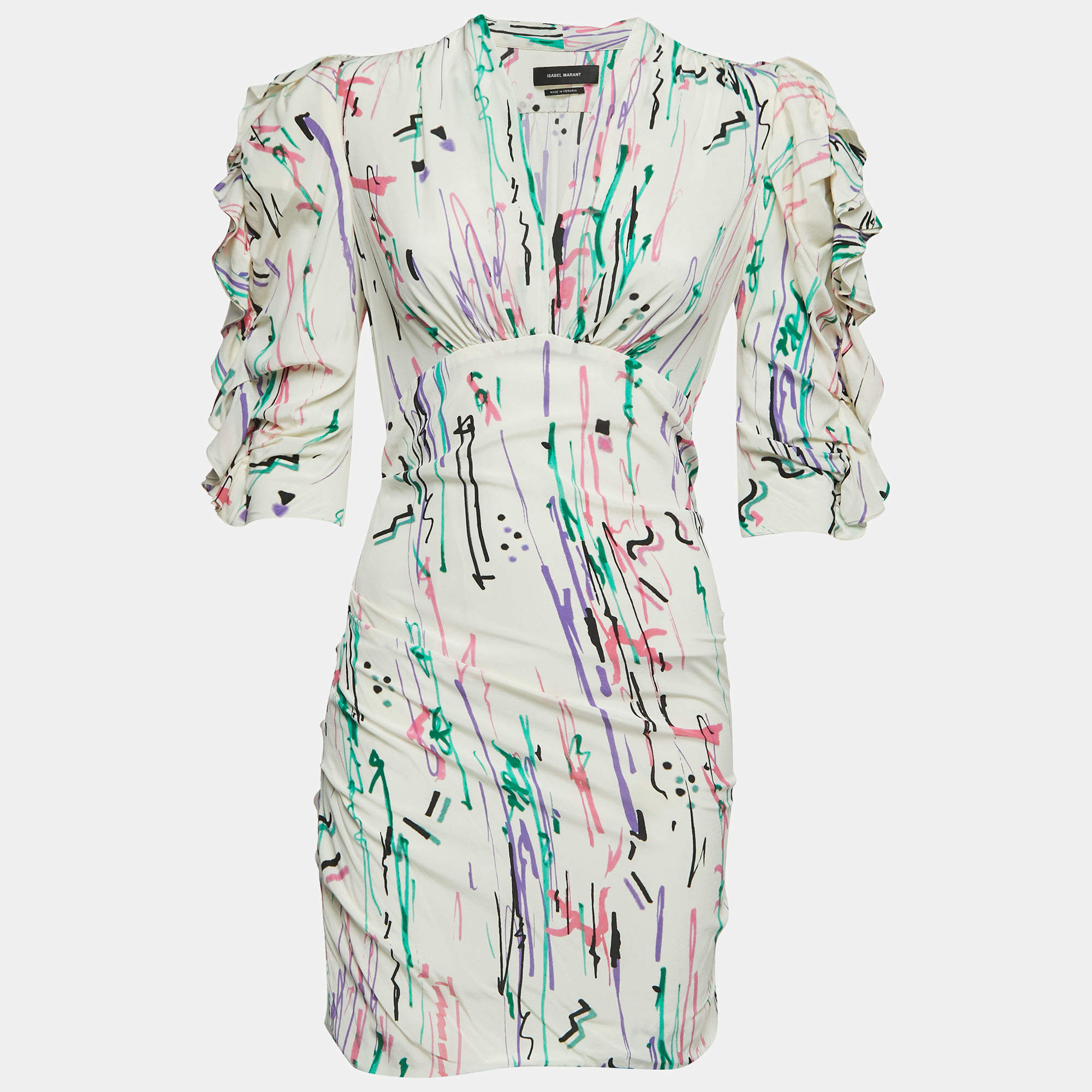 Isabel Marant Multicolor Abstract Print Stretch Silk Ruched Mini Dress S