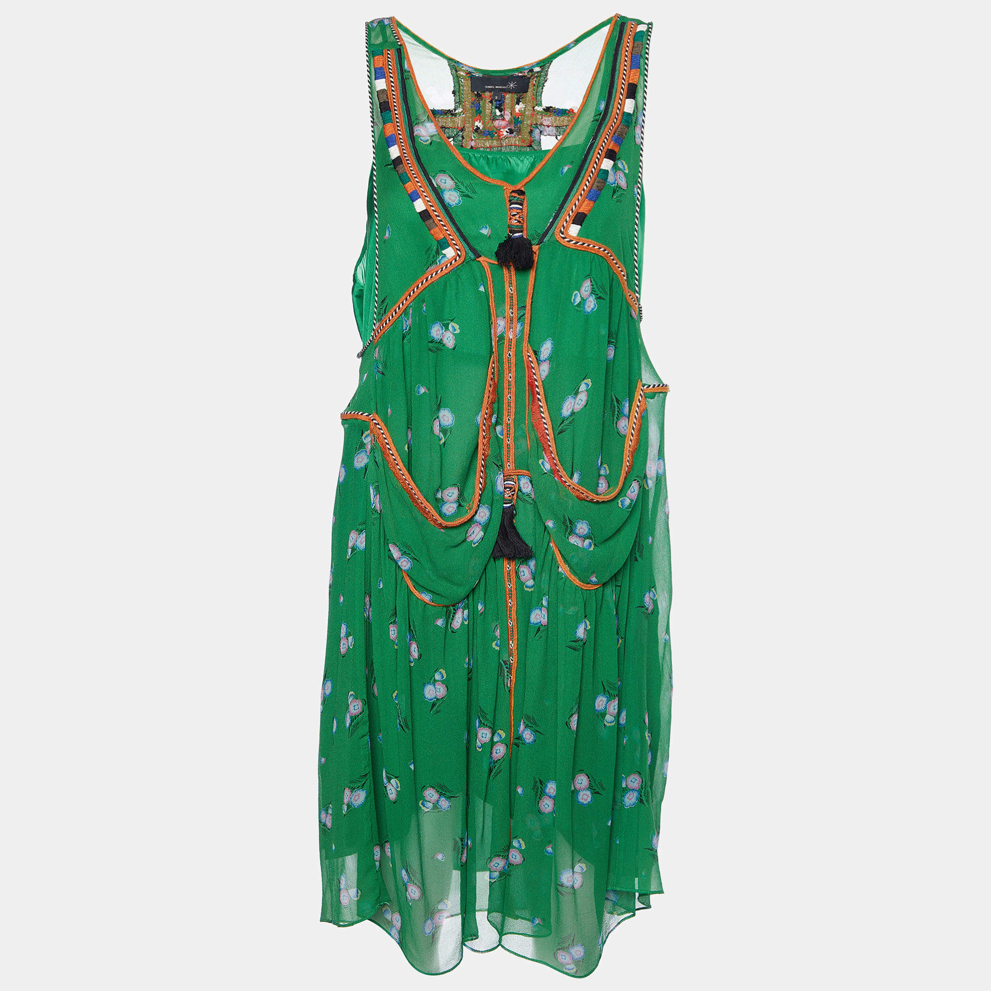 Pre Owned Isabel Marant Green Floral Printed Silk Chiffon Sleeveless Mini Dress S