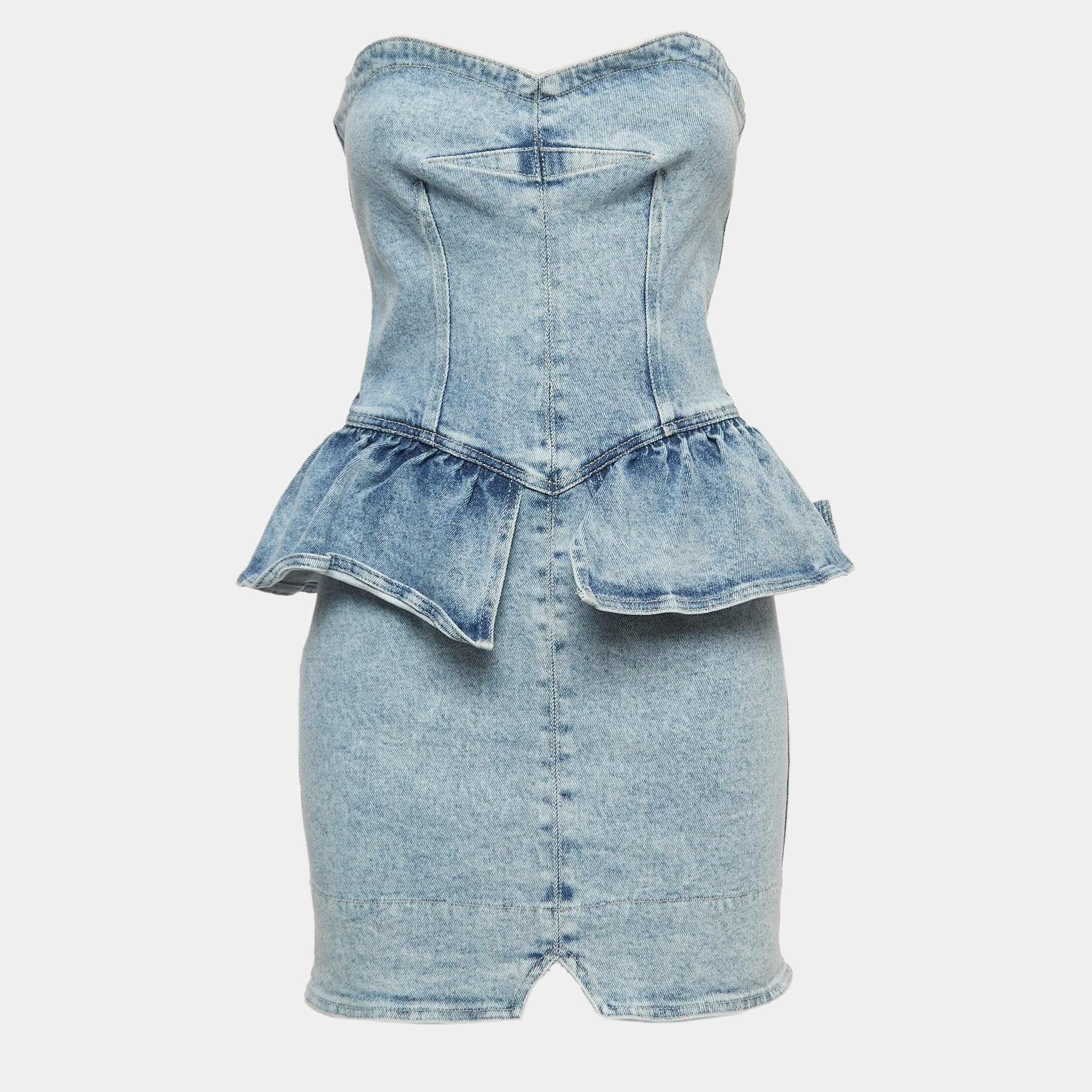 Pre Owned Isabel Marant Blue Washed Denim Peplum Strapless Mini Dress M