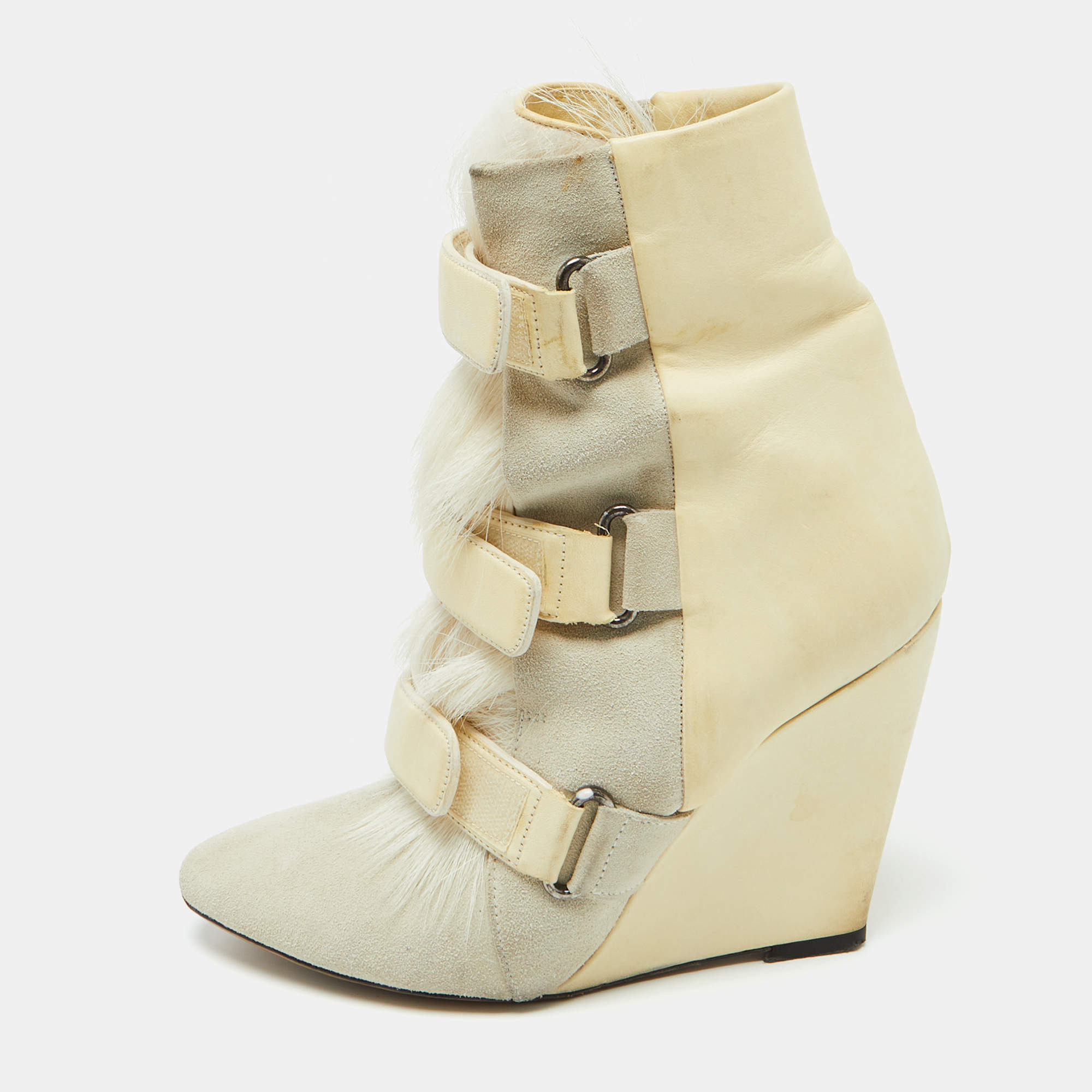Pre Owned Isabel Marant Cream Leather, Suede and Calf Hair Scarlet Wedge Ankle Boots Size 40