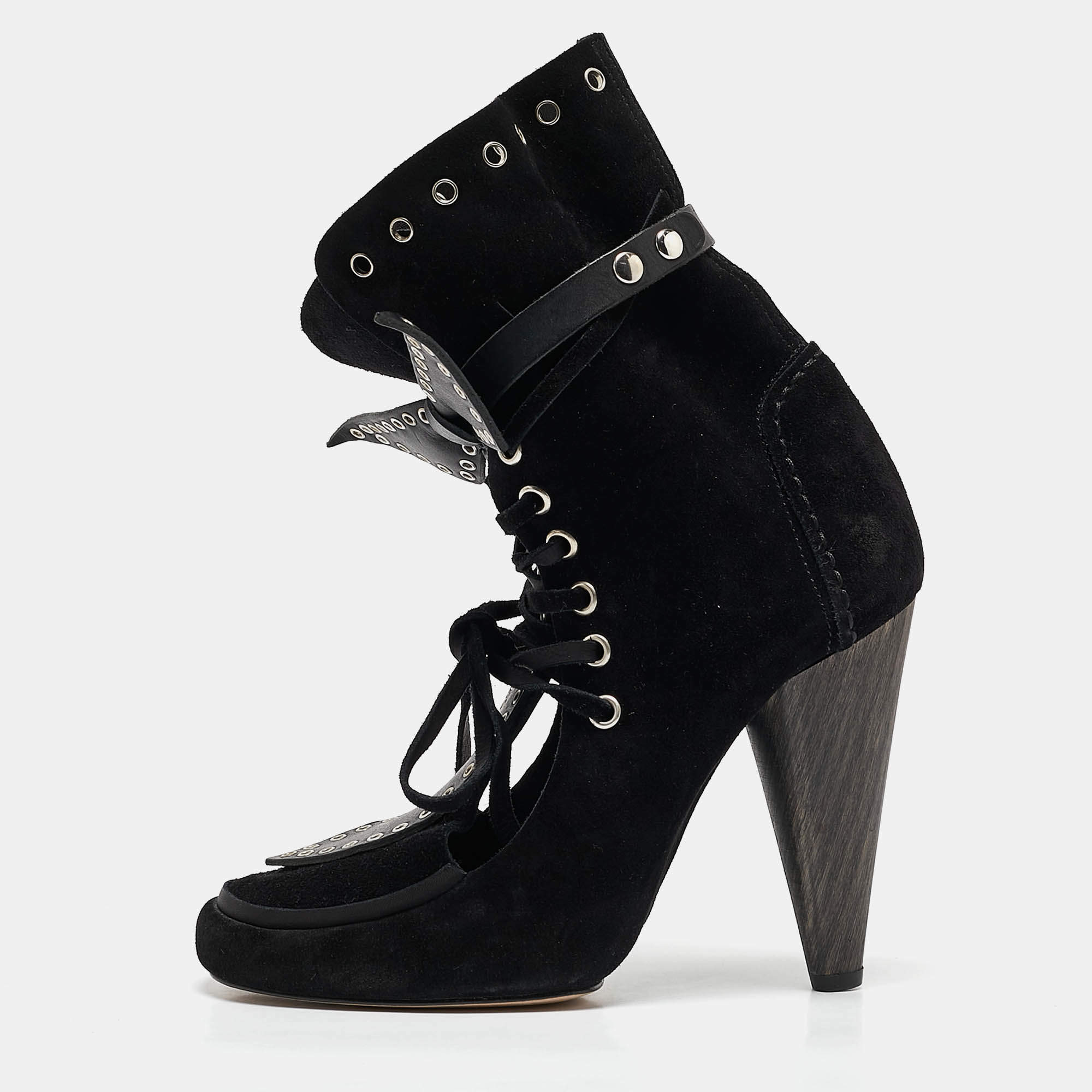 Isabel Marant Black Suede Milla Eyelet Ankle Boots Size 39