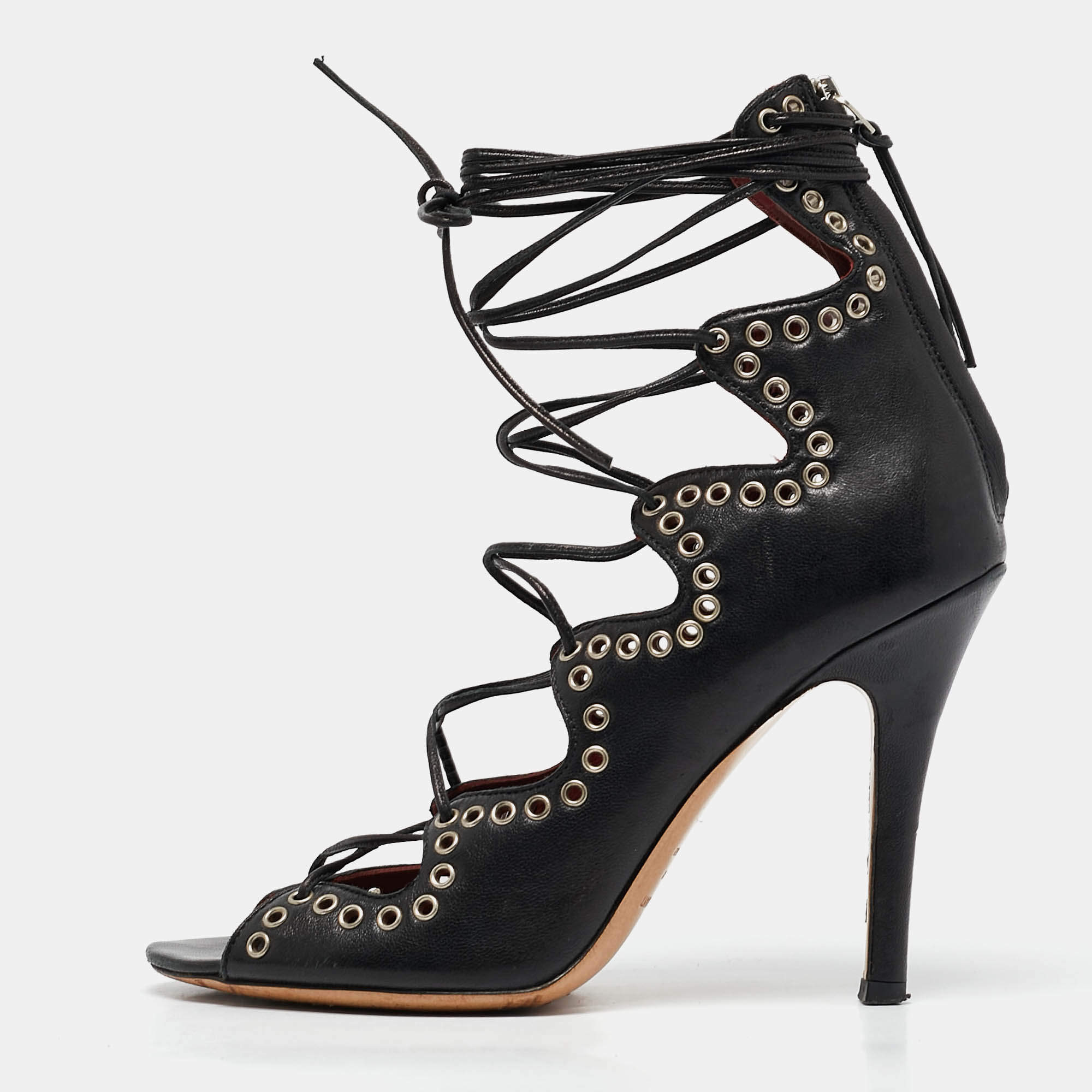 Isabel Marant Black Leather Eyelet Embellished Lace Up Lelie Sandals Size 36