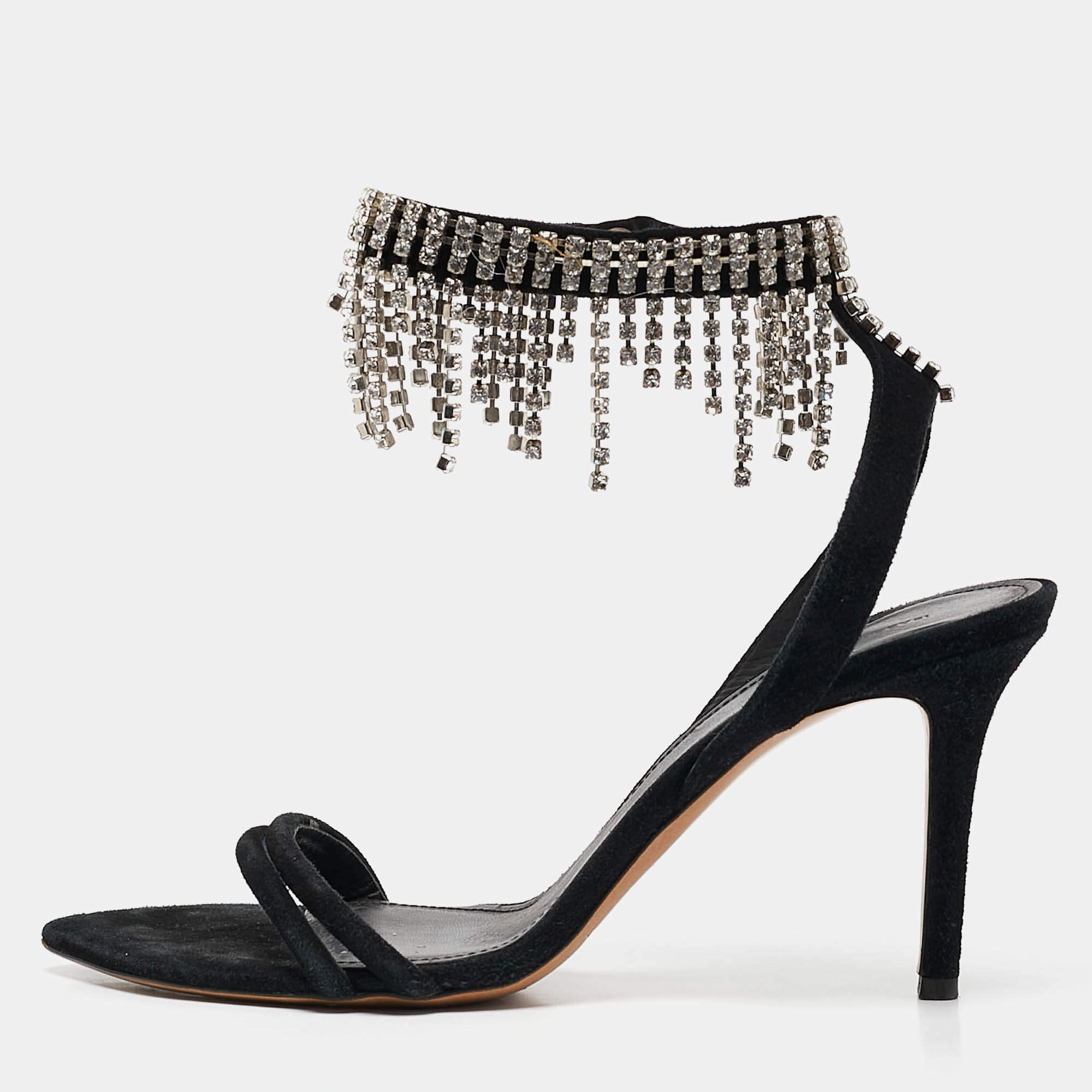 Isabel Marant Black Suede Crystal Embellished Ankle Strap Sandals Size 38