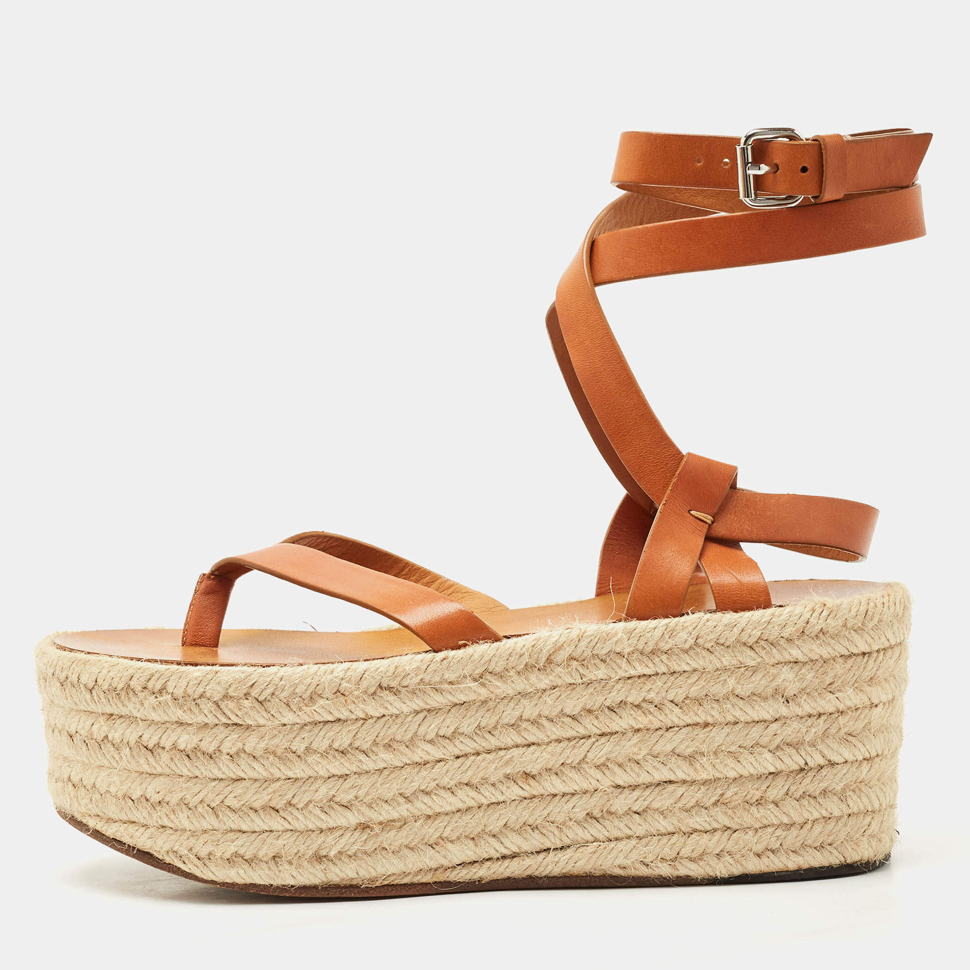 Isabel Marant Tan Leather Ankle Wrap Platform Espadrille Sandals Size 37