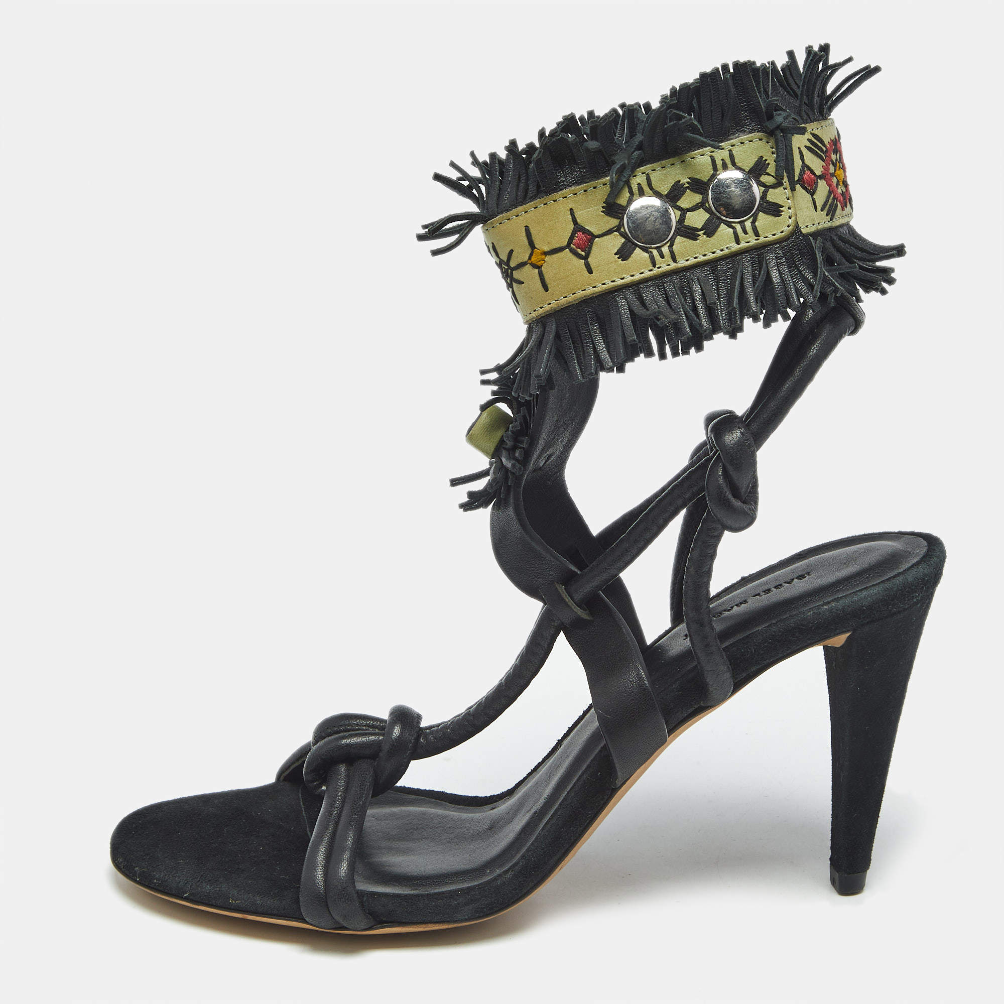 Pre Owned Isabel Marant Black Leather and Suede Fringe Detail Ankle Strap Sandals Size 36