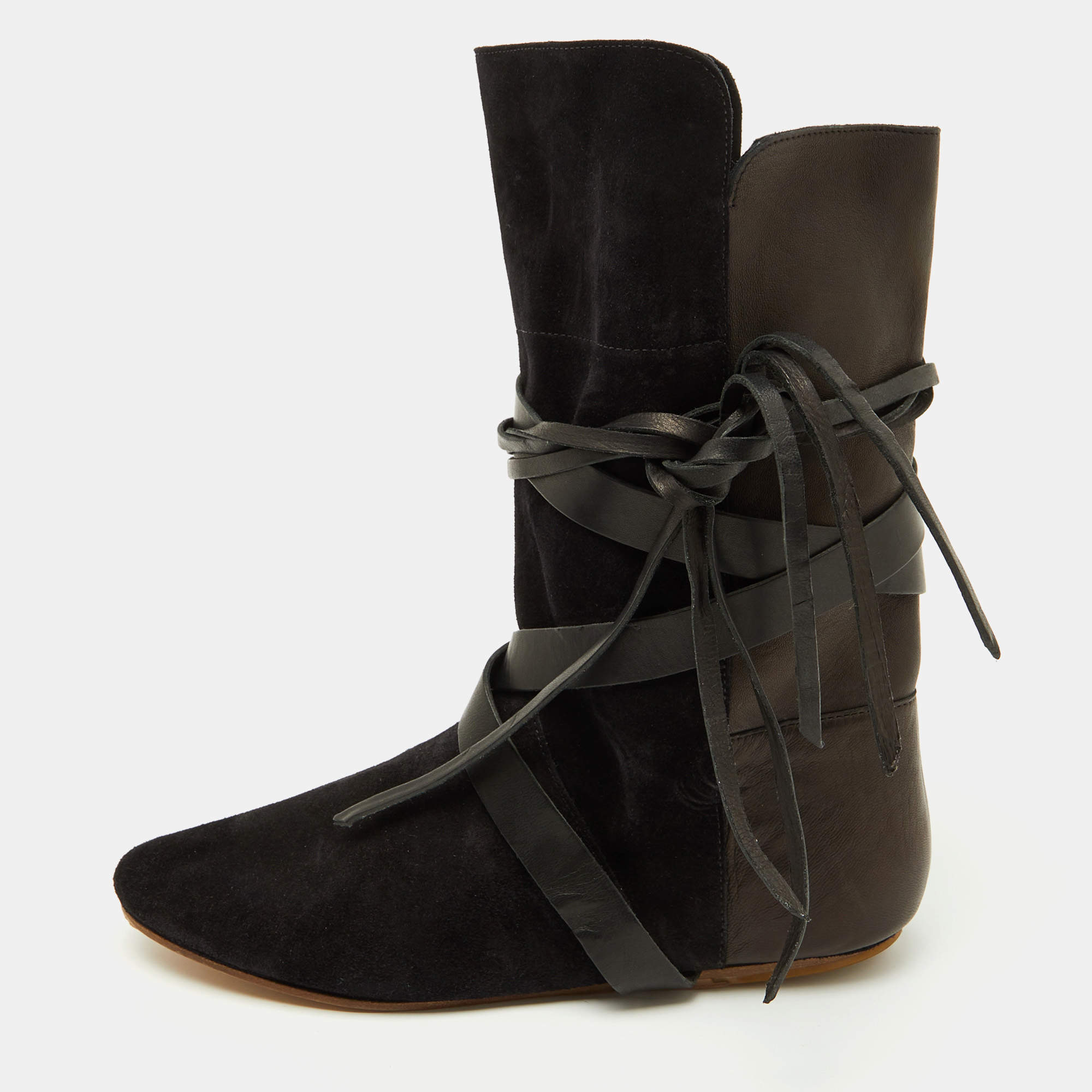 Pre Owned Isabel Marant Black Leather and Suede Mid Calf Length Boots Size 38