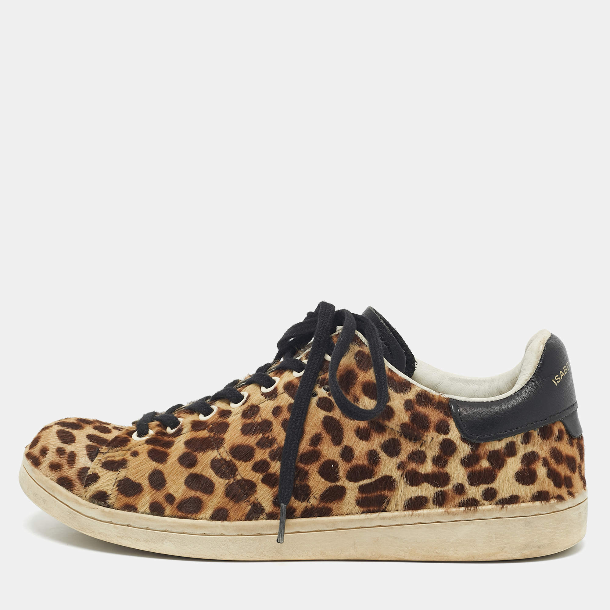 Pre Owned Isabel Marant Brown/Black Leopard Print Pony Hair And Leather Sneakers Size 37