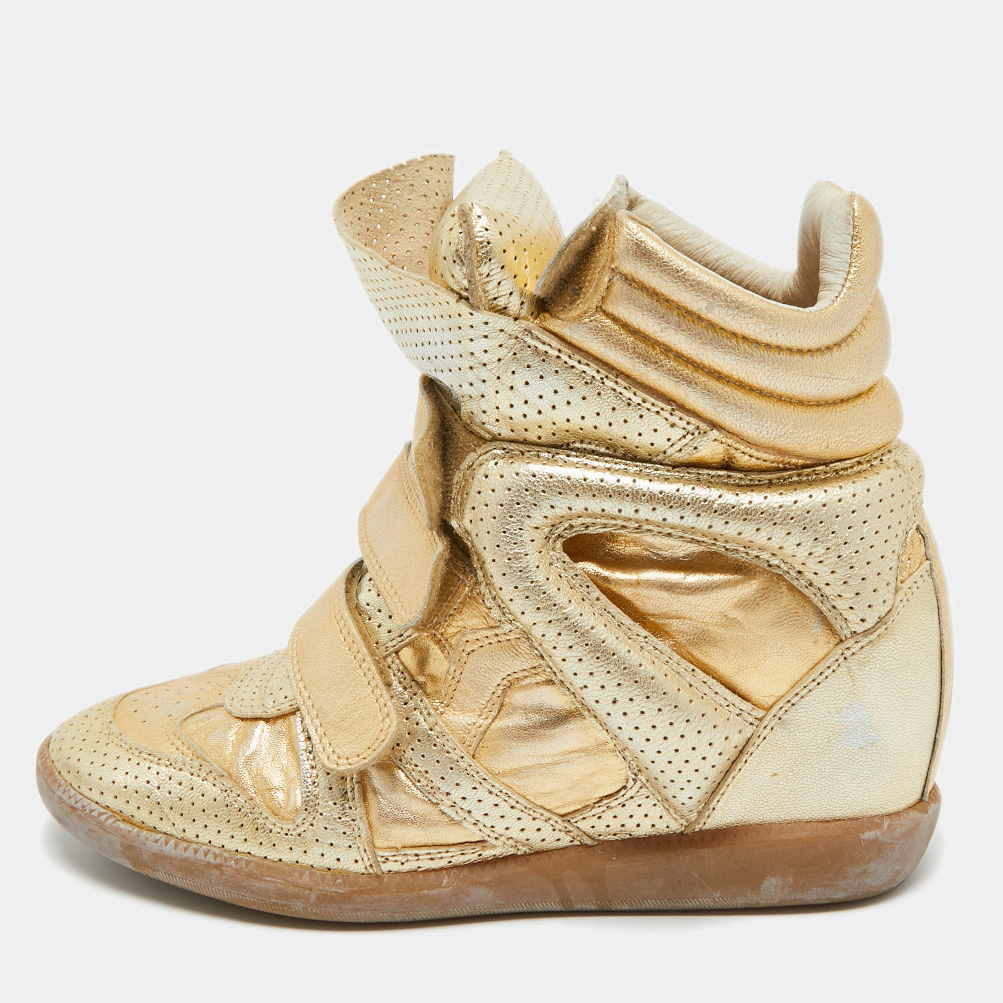 Pre Owned Isabel Marant Metallic Gold Leather Bekett Wedge Sneakers Size 40