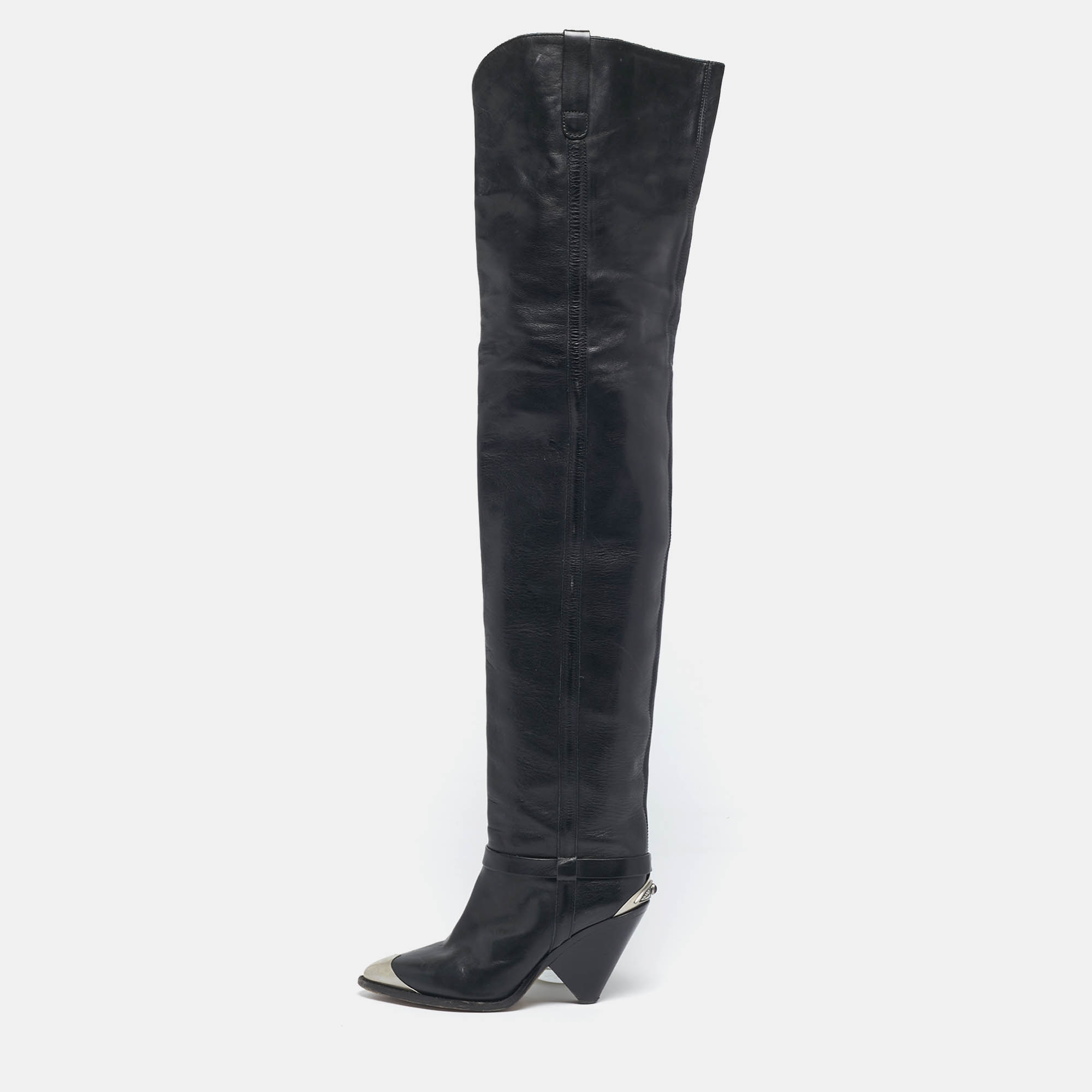 Pre Owned Isabel Marant Black Leather Thigh High Wedge Boots Size 38