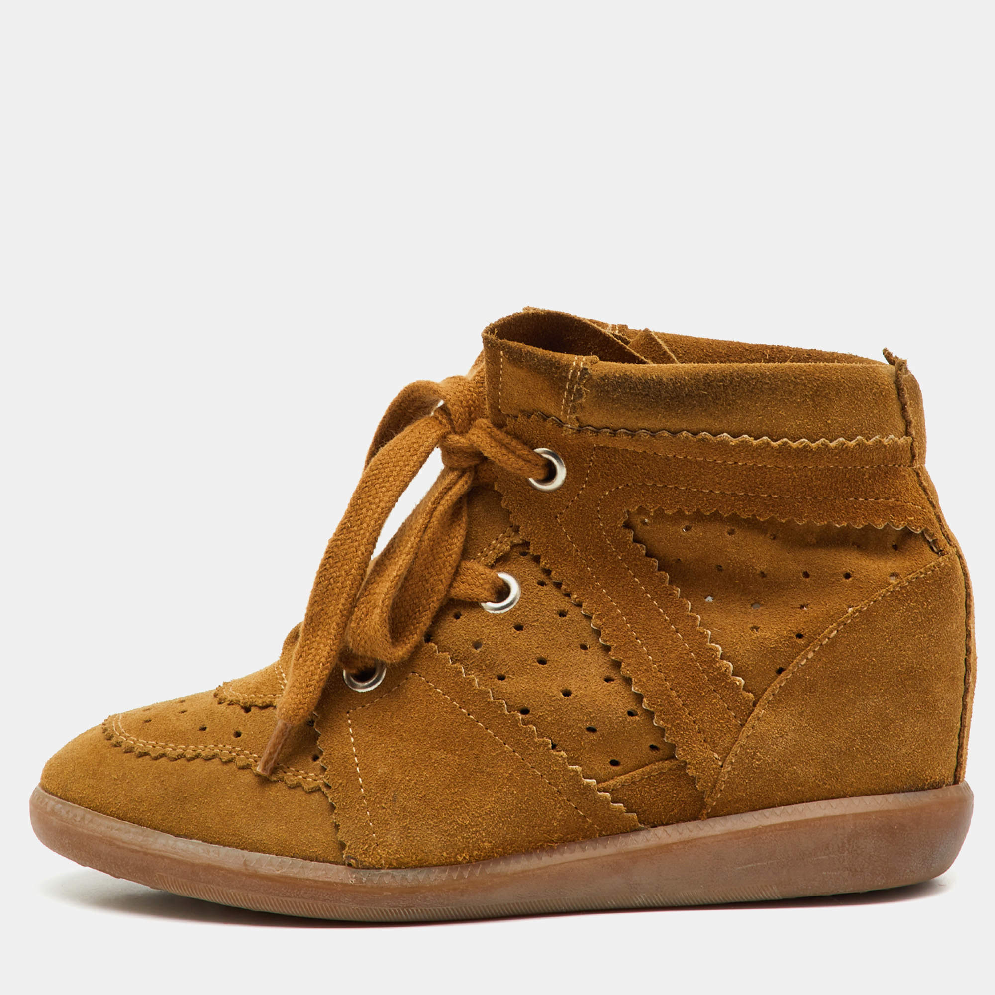 Pre Owned Isabel Marant Brown Perforated Suede Etoile Wedge Sneakers Size 38