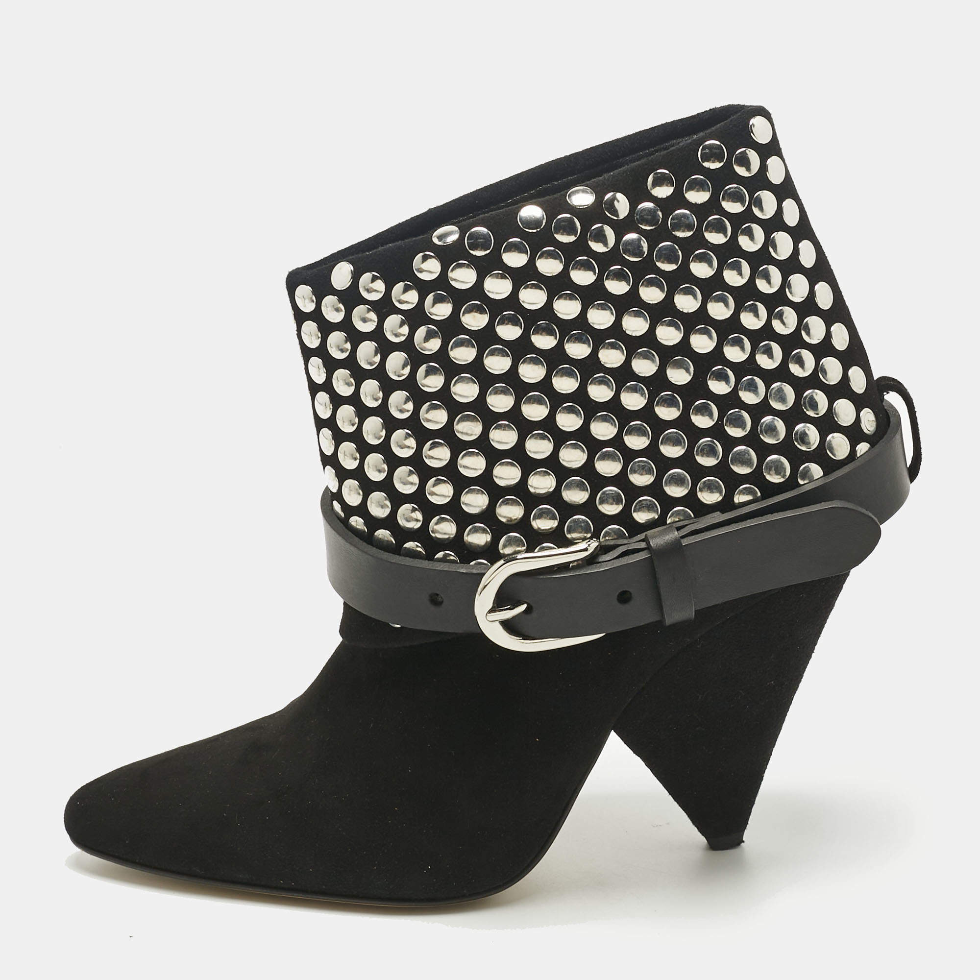 Pre Owned Isabel Marant Black Leather and Suede Studded Ankle Length Boots Size 38