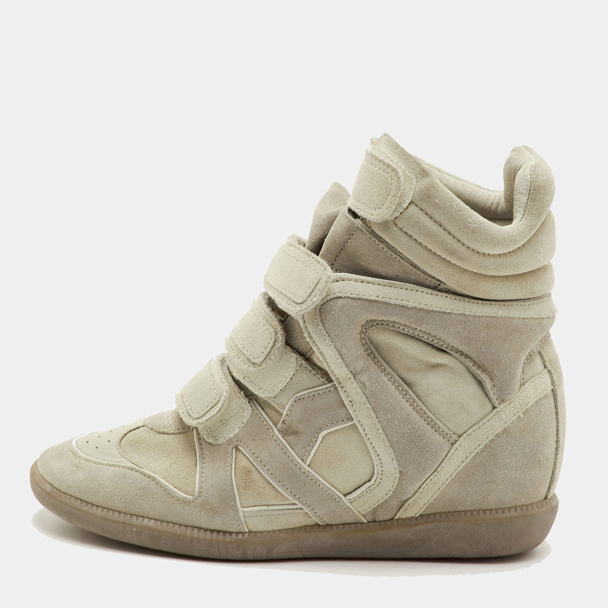 Pre Owned Isabel Marant Bekett Size 38 Ecru Beige Suede Wedge Sneakers