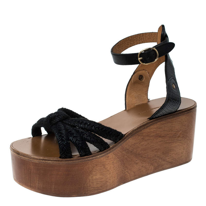 Isabel Marant Black Leather and Jute Zia Wooden Wedge Ankle Strap ...