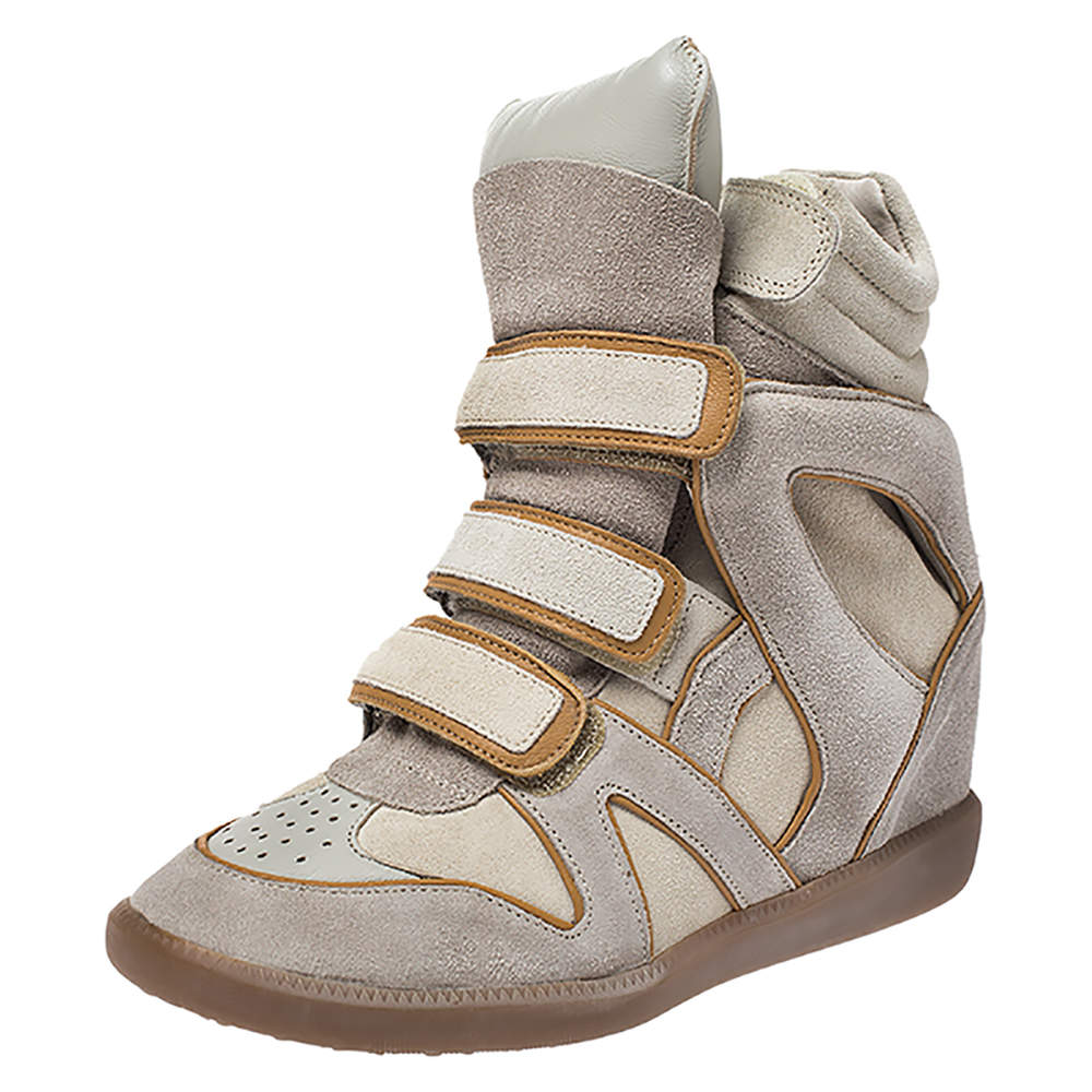 Pre Owned Isabel Marant Grey/Brown Suede And Leather Bekett Wedge Sneakers Size 37
