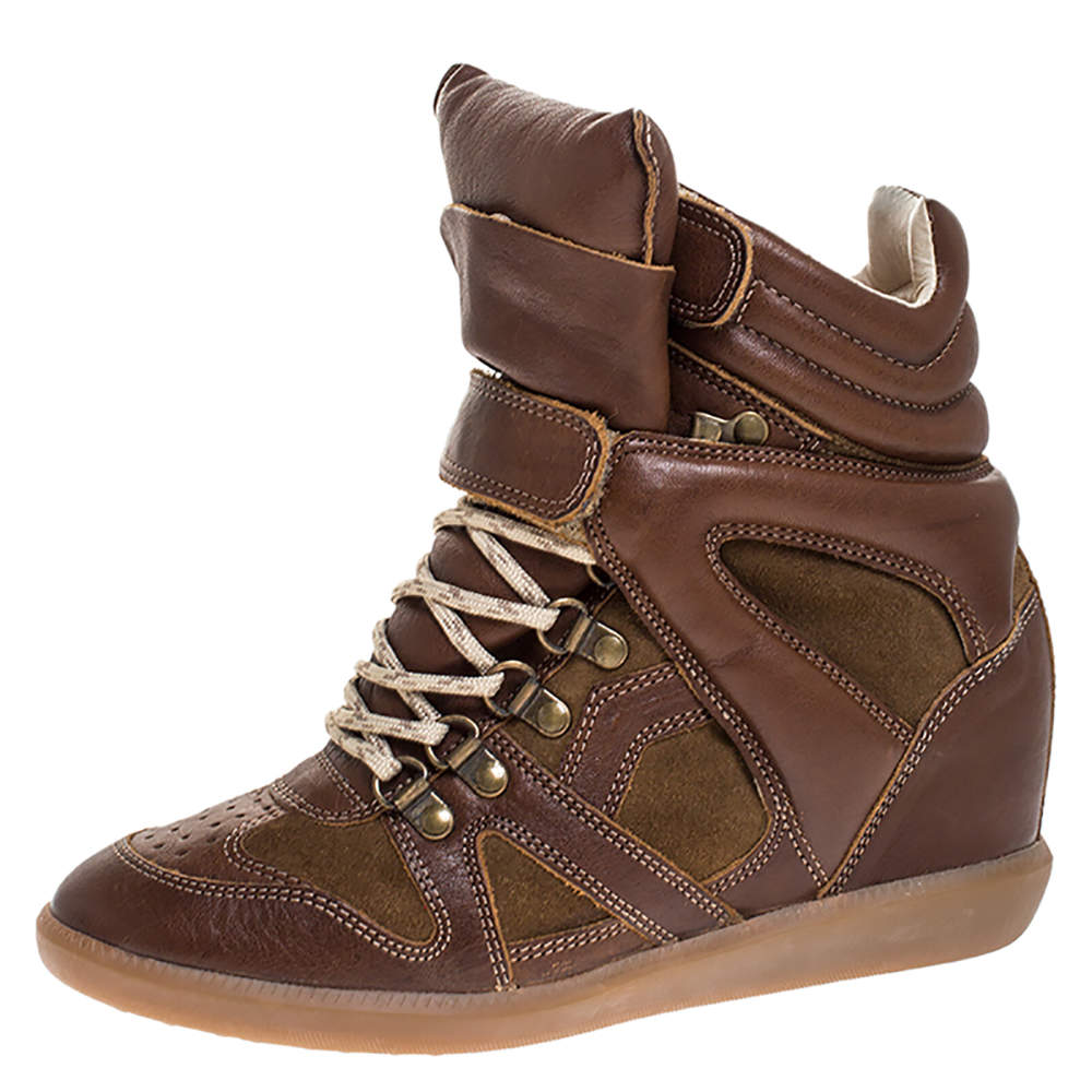 Isabel Marant Brown Leather and Suede Bekett Wedge Sneakers Size 38