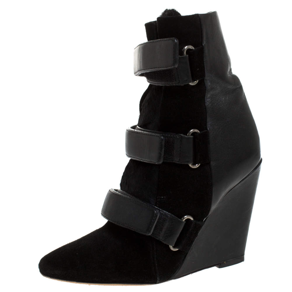 Isabel Marant Black Suede and Leather Scarlet Wedge Boots Size 37
