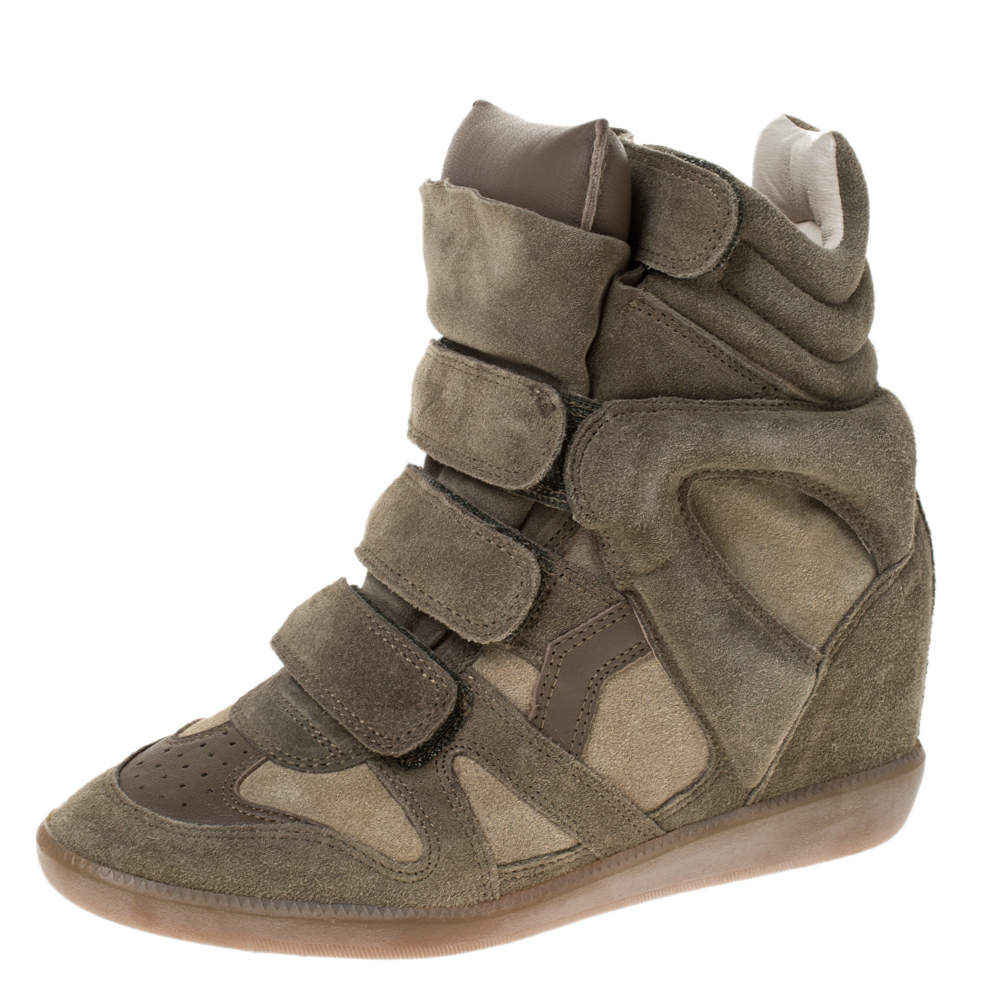 Isabel Marant Olive Green Suede And Leather Trim Bekett Wedge Sneakers Size 37
