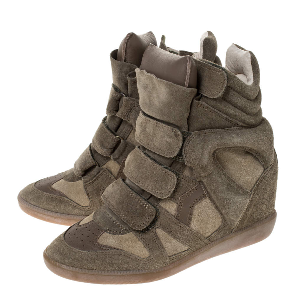 Pre Owned Isabel Marant Olive Green Suede And Leather Trim Bekett Wedge Sneakers Size 37