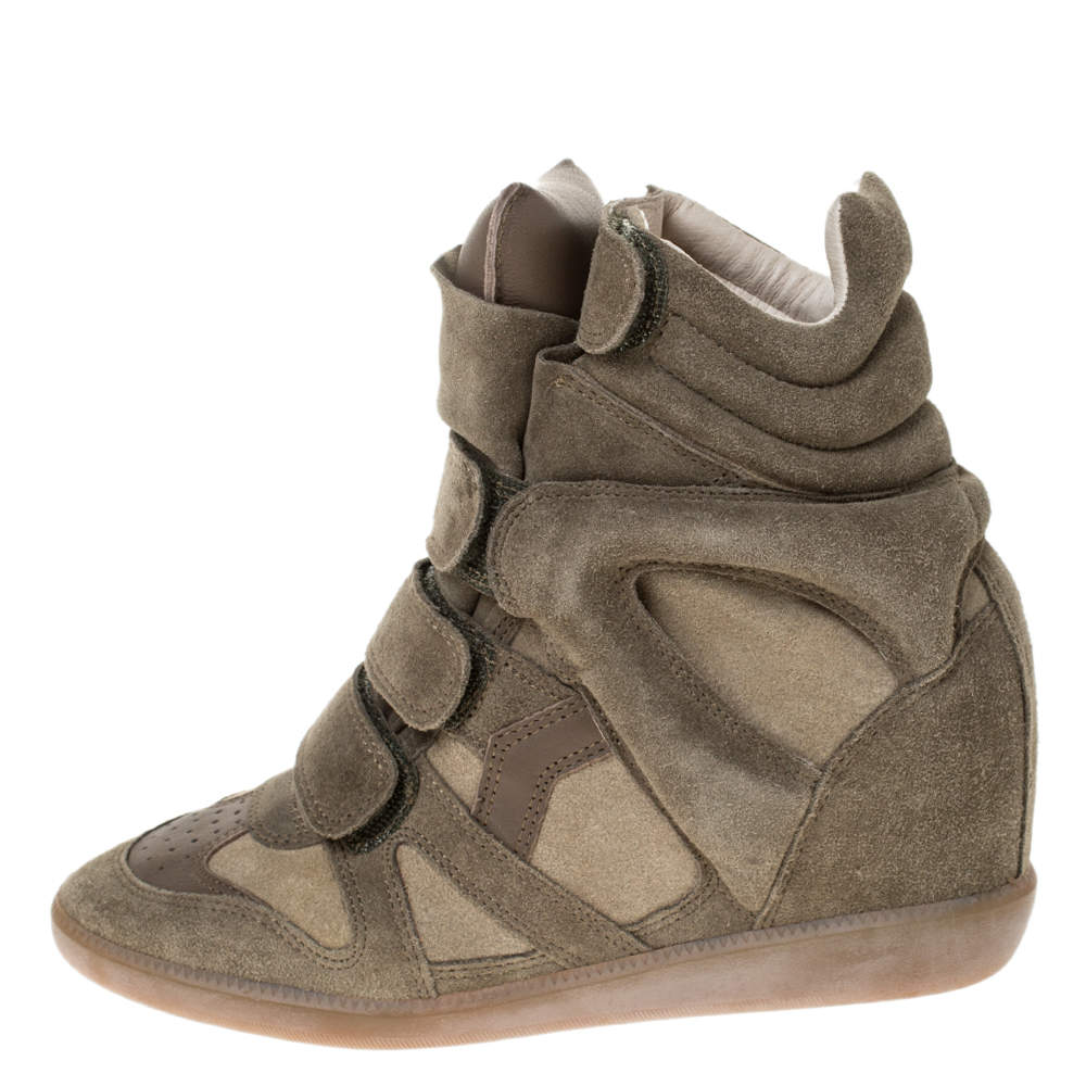 Pre Owned Isabel Marant Olive Green Suede And Leather Trim Bekett Wedge Sneakers Size 37