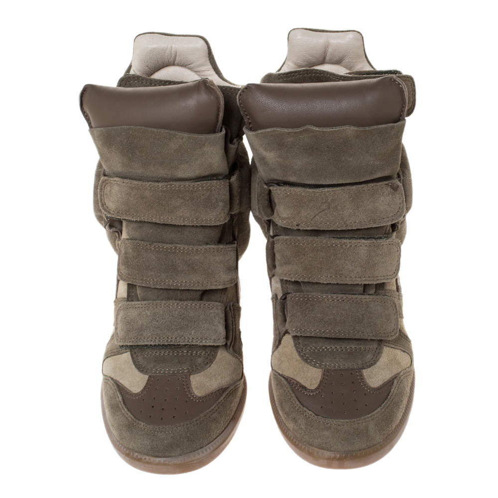 Pre Owned Isabel Marant Olive Green Suede And Leather Trim Bekett Wedge Sneakers Size 37