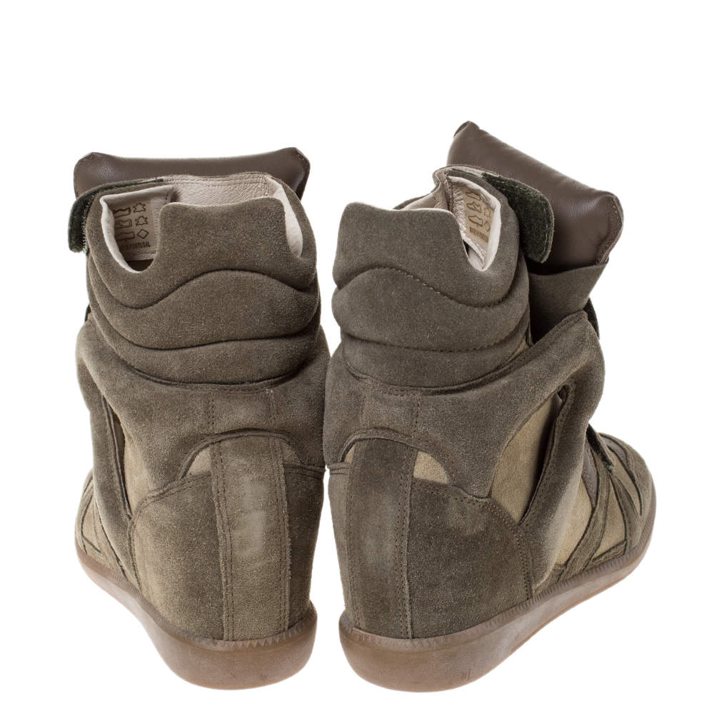 Pre Owned Isabel Marant Olive Green Suede And Leather Trim Bekett Wedge Sneakers Size 37