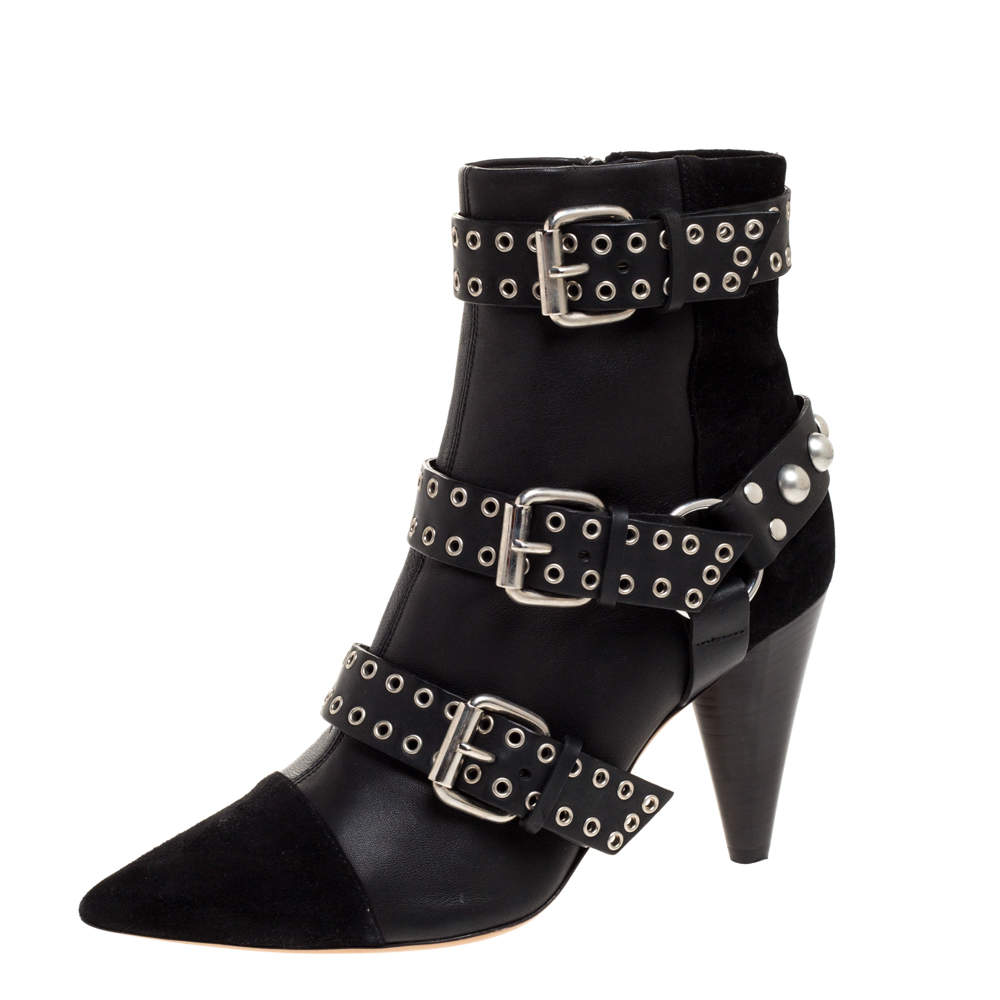 Isabel Marant Black Suede And Leather Eyelet Embellished Lysett Ankle Boots Size 39