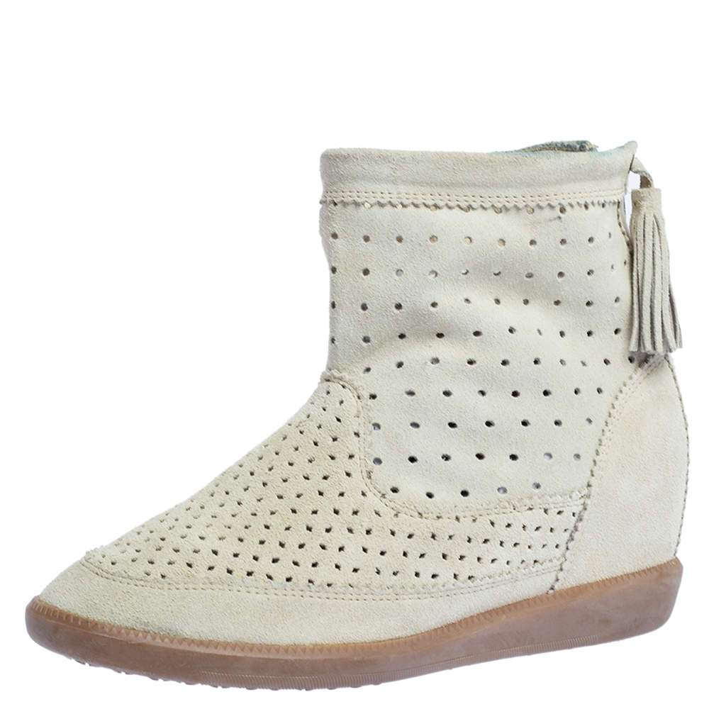 Pre Owned Isabel Marant Cream Perforated Suede Basley Ankle Boots Size 39