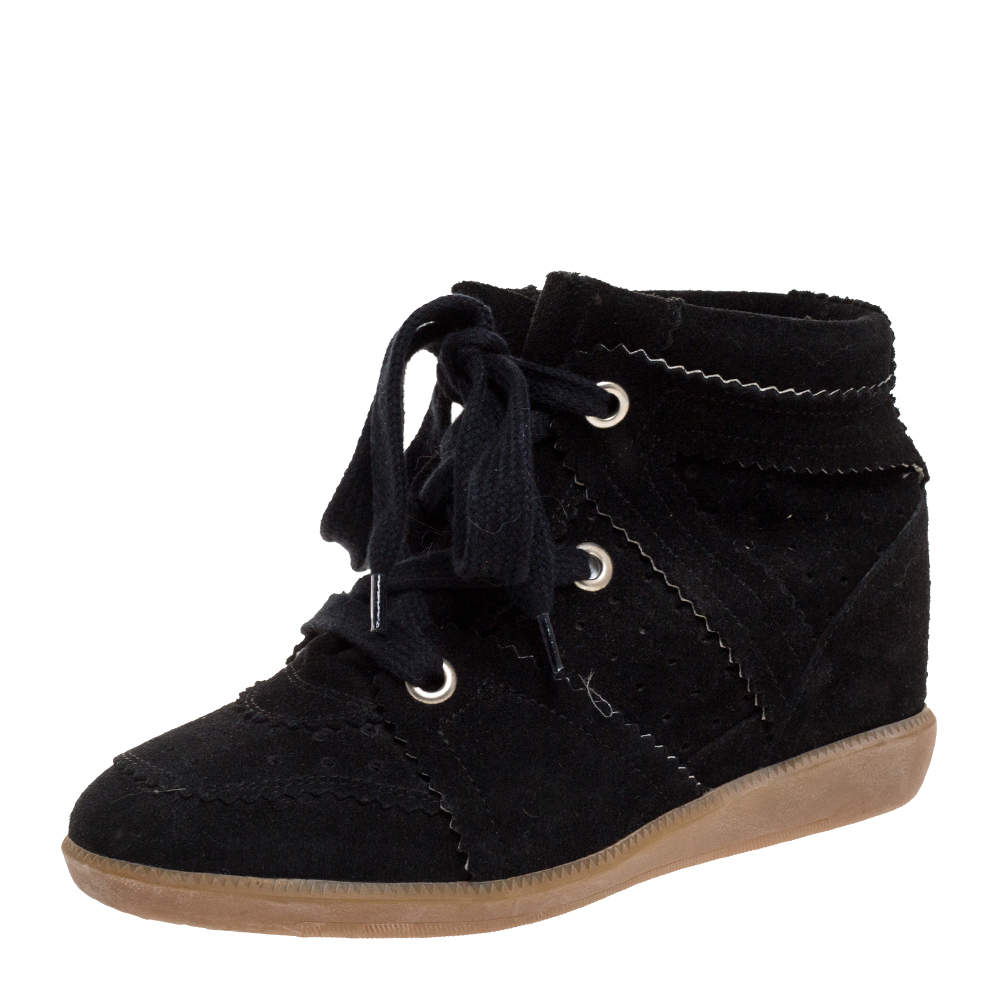 Pre Owned Isabel Marant Black Suede Bobby Lace Up Wedge Sneakers Size 36