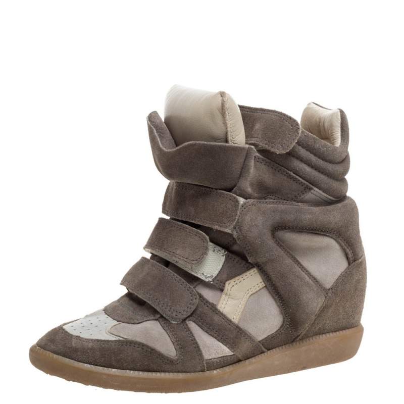 Pre Owned Isabel Marant Grey Suede And Leather Bekett Wedge High Top Sneakers Size 38