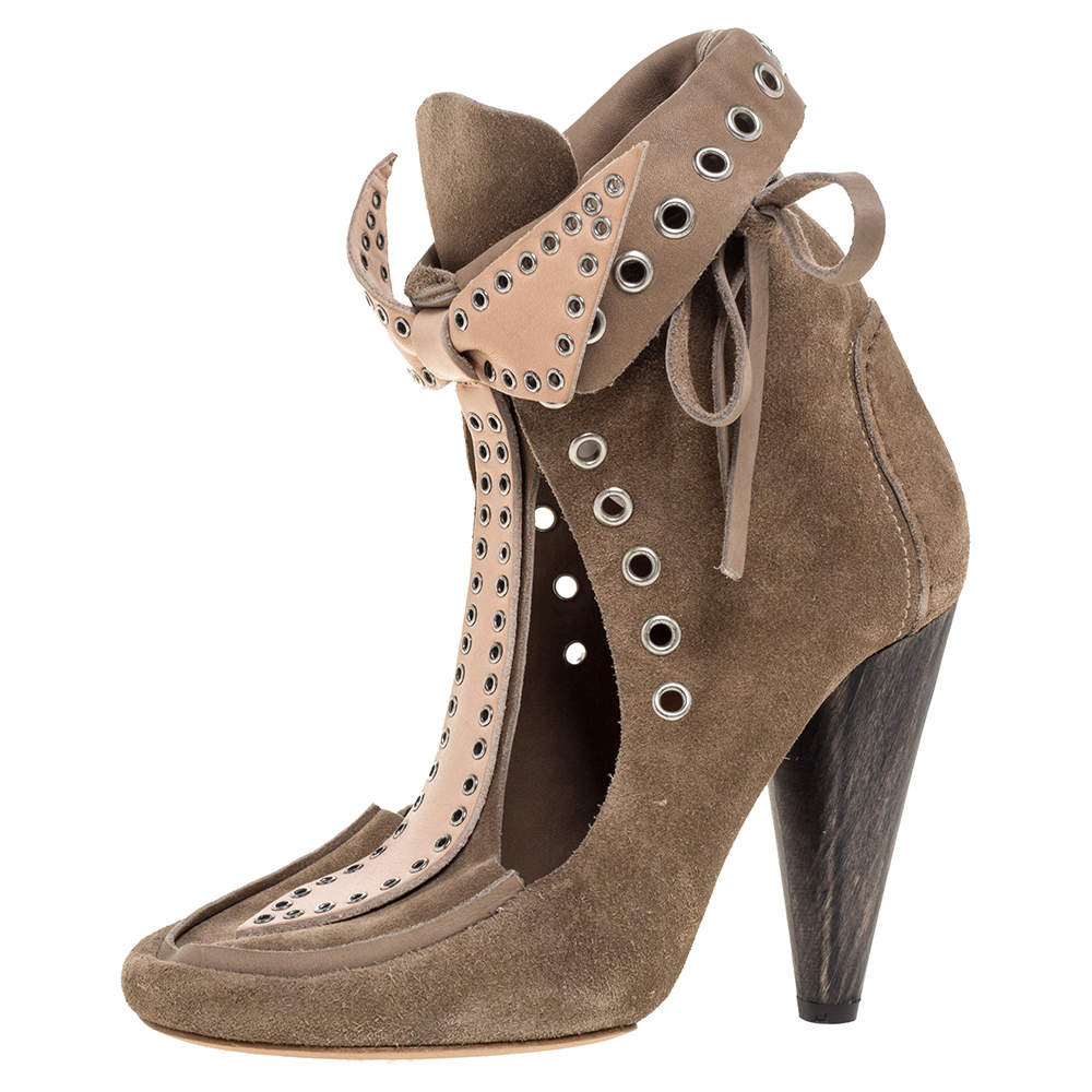 Pre Owned Isabel Marant Khaki Brown Suede Milla Bow Tie Loafer Ankle Boots Size 38