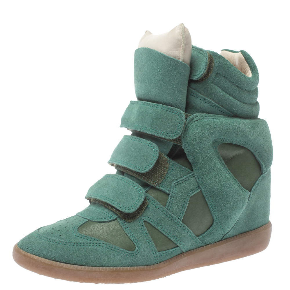 Isabel Marant Green Suede And Leather Bekett Wedge High Top Sneakers Size 37
