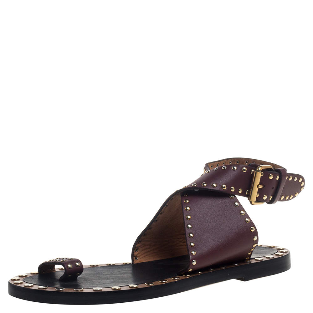 Pre Owned Isabel Marant Red Studded Leather Jeppys Flat Sandals Size 38