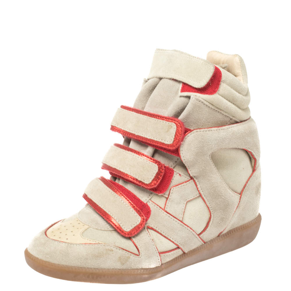 Pre Owned Isabel Marant Grey Suede with Metallic Red Leather Trim Bekett Wedge Sneakers Size 36