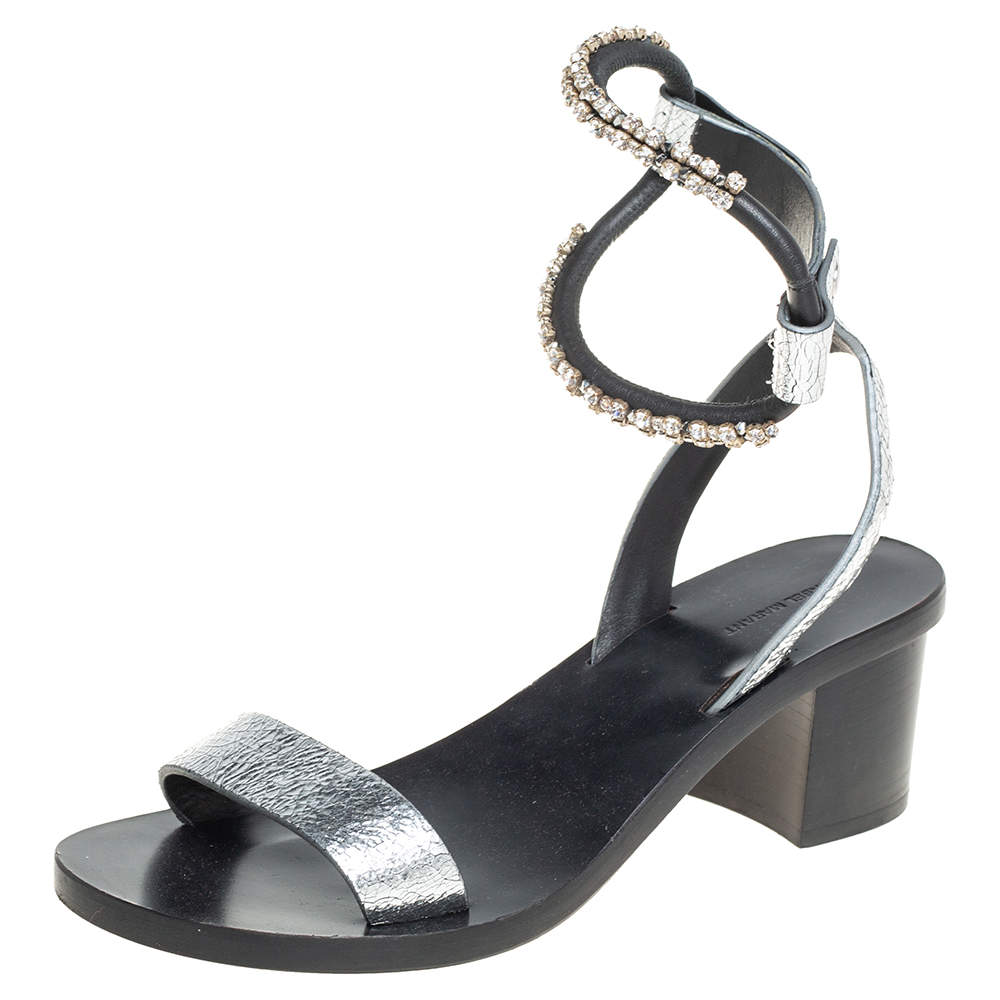 Pre Owned Isabel Marant Silver Crackle Leather Crystal Embellished Ankle Strap Sandals Size 37