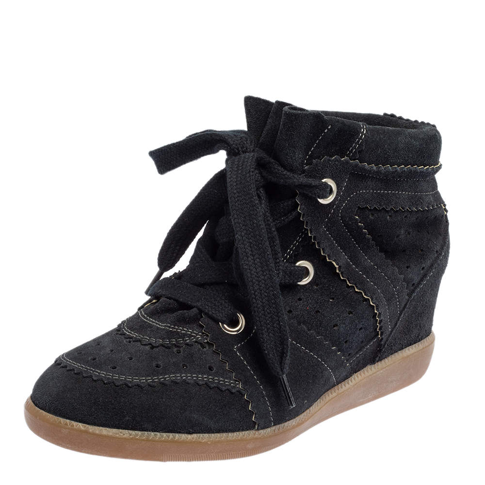 Pre Owned Isabel Marant Black Perforated Suede Etoile Wedge Sneakers Size 37