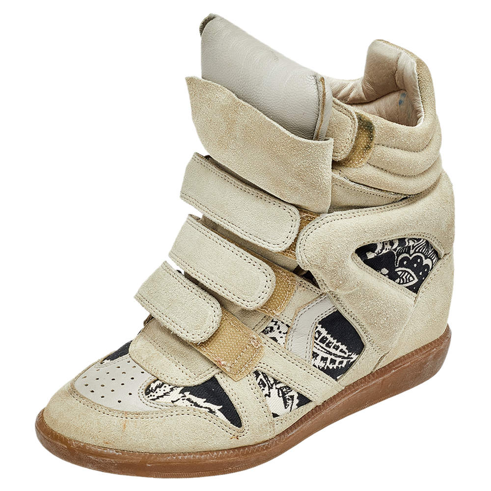 Pre Owned Isabel Marant Beige Suede and Leather Bekett Wedge Sneakers Size 38