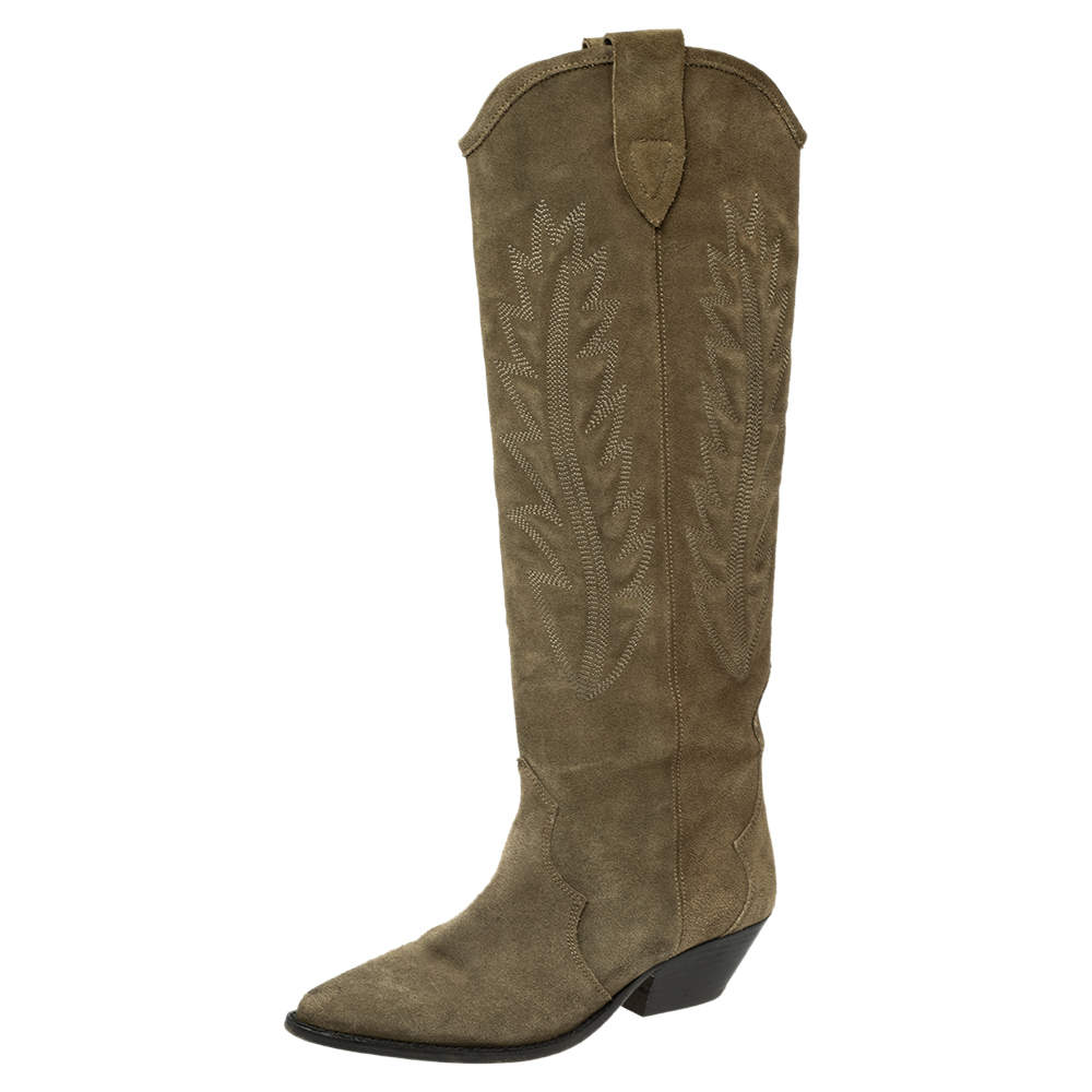 Pre Owned Isabel Marant Taupe Embroidered Suede Denzy Knee Length Boots Size 38
