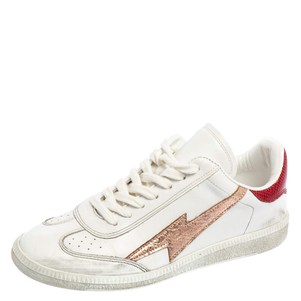 Pre Owned Isabel Marant White/Red Distressed Leather Bryce Low Top Sneakers Size 38