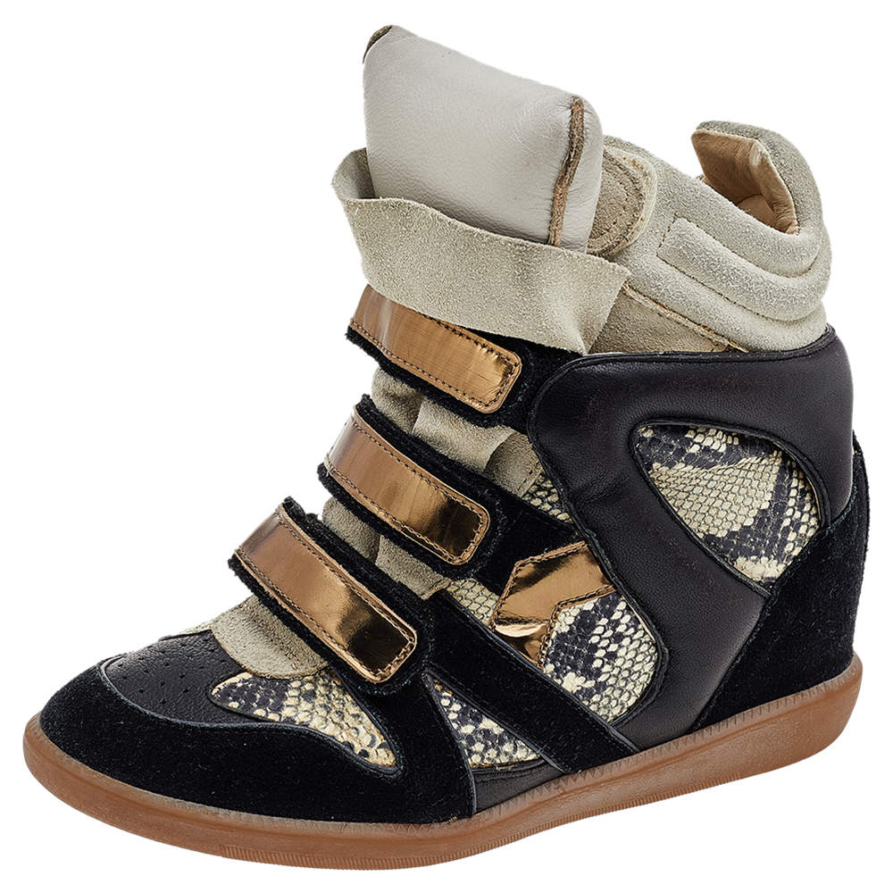 Pre Owned Isabel Marant Black/Grey Suede and Python Embossed Leather Beckett Wedge Sneakers Size 38