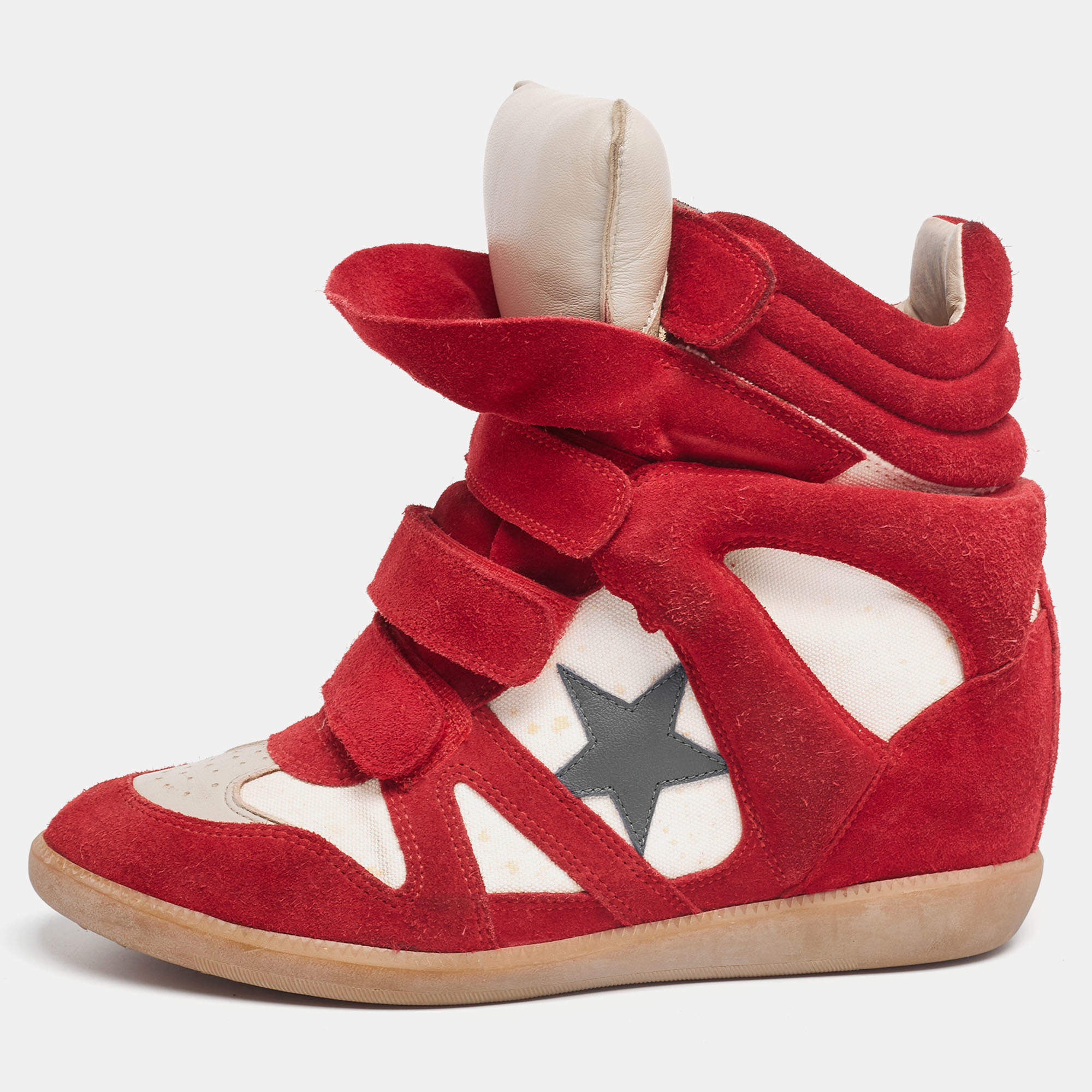 Pre Owned Isabel Marant Red/Cream Suede And Canvas Bekett Wedge High Top Sneaker Size 40