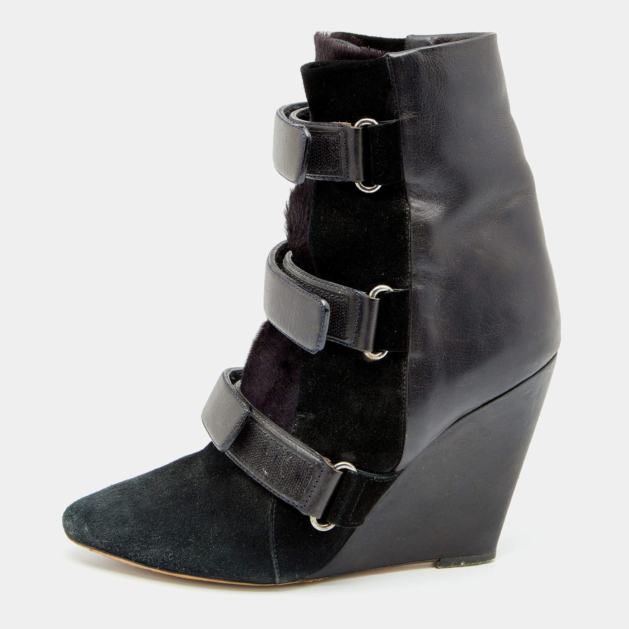Pre Owned Isabel Marant Black Suede And Calf Hair Pointed Toe Wedge Ankle Boots Size 40