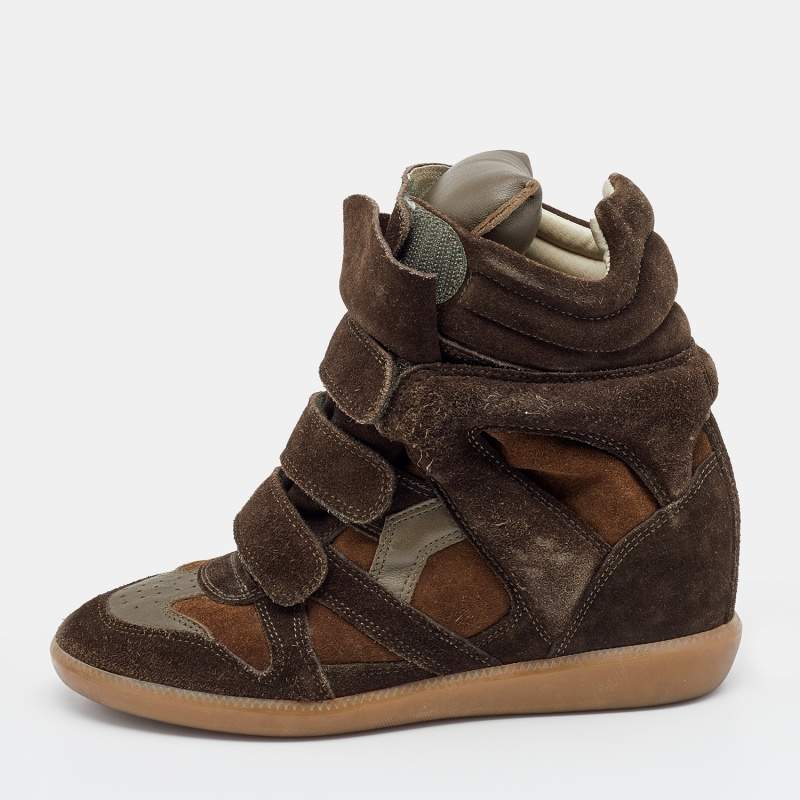 Pre Owned Isabel Marant Brown Suede And Leather Bekett Wedge High Top Sneakers Size 38