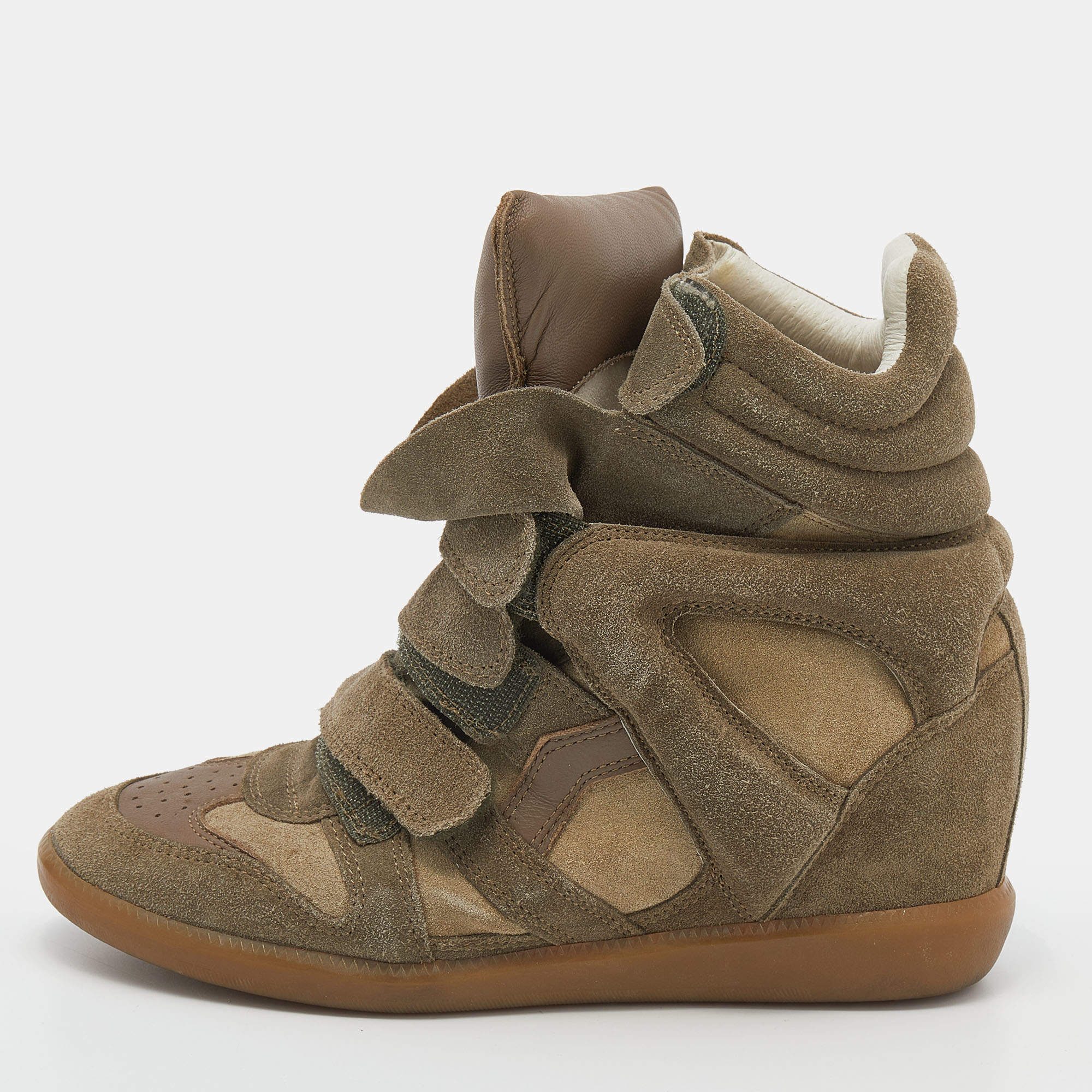 Pre Owned Isabel Marant Olive Green/Brown Suede And Leather Bekett Wedge High Top Sneakers Size 38