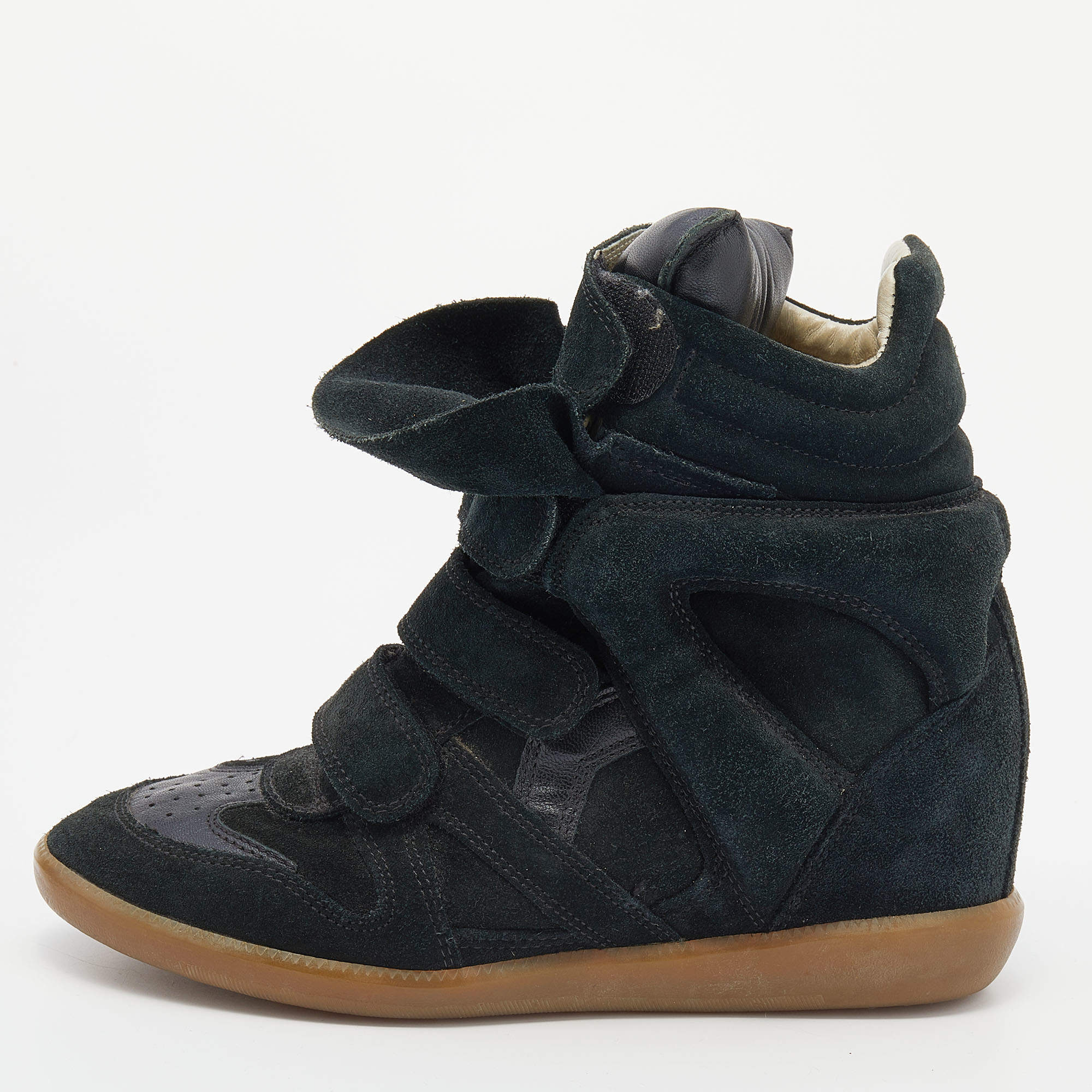 Pre Owned Isabel Marant Black/Dark Green Suede And Leather Beckett Wedge High Top Sneakers Size 38