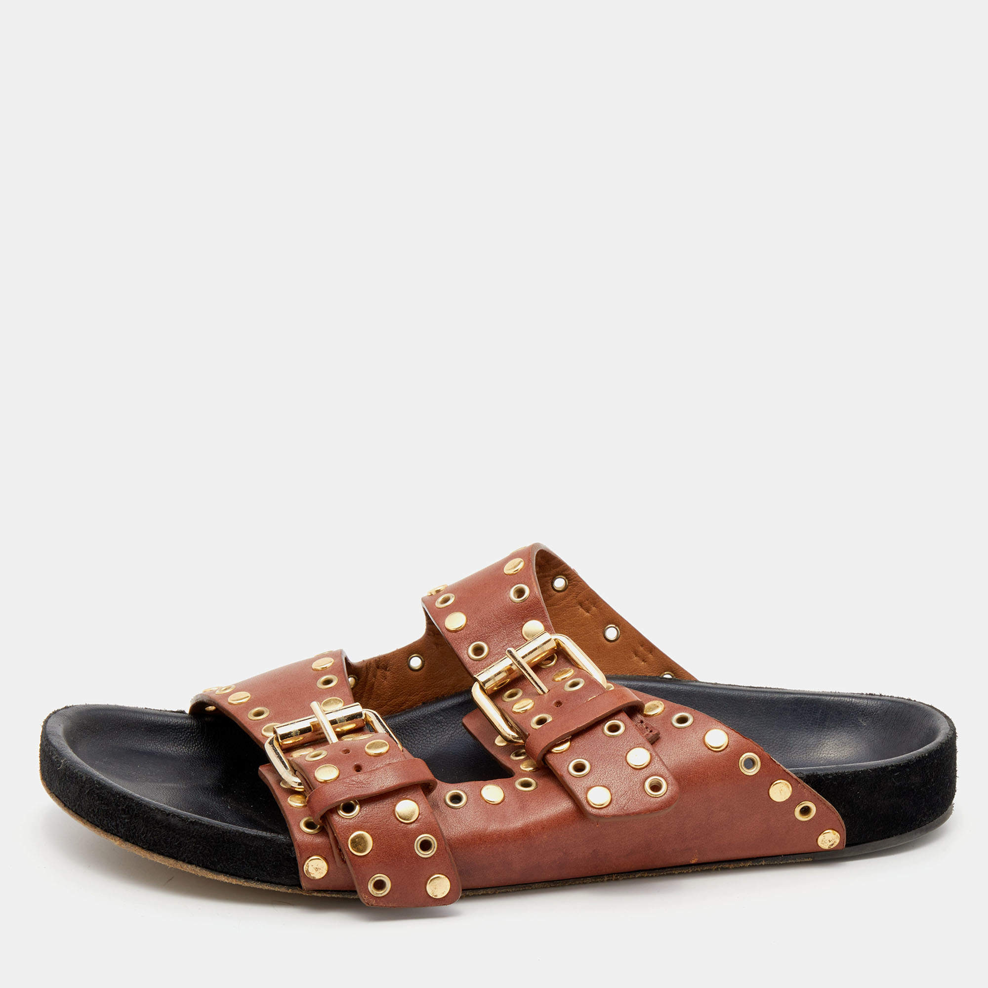 Pre Owned Isabel Marant Brown Leather Buckle Detail Flats Size 38